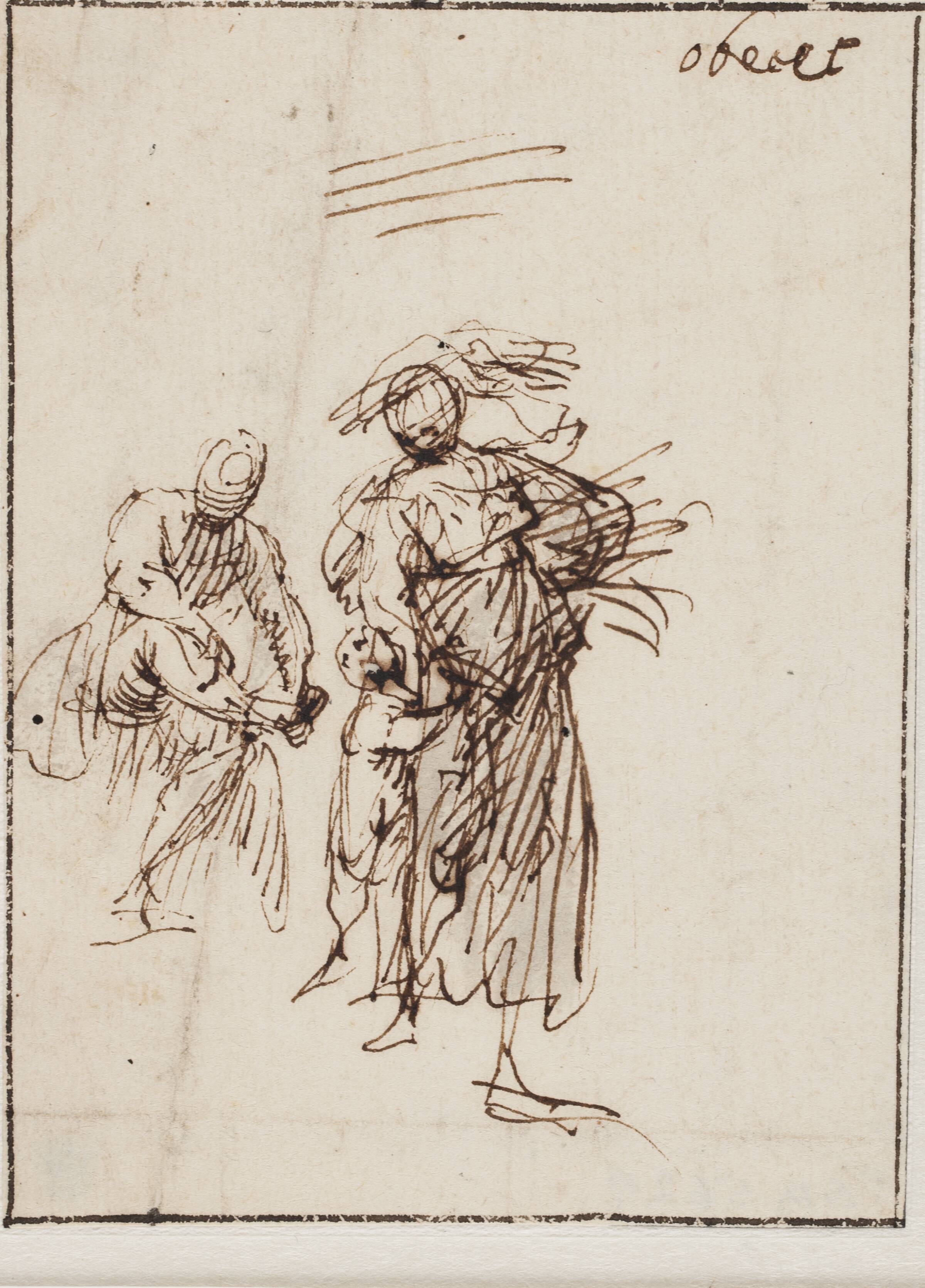 Skitse af en gående kvinde med et barn ved sin side, i baggrunden en siddende figur, Francesco Allegrini, 1587-1664