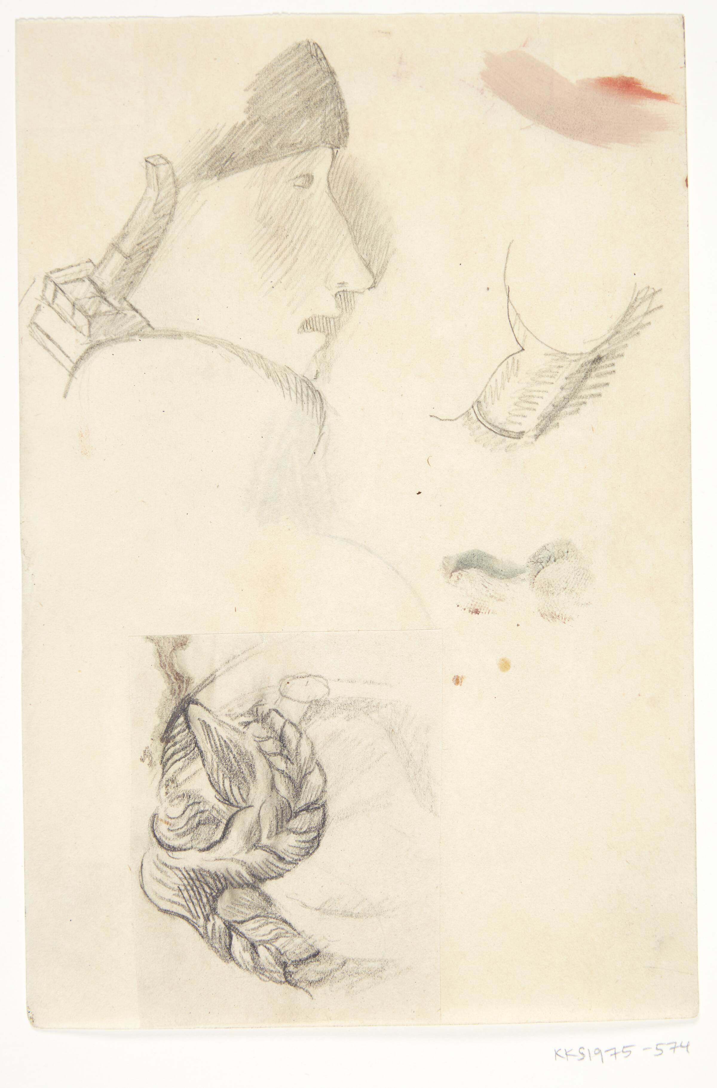 Krigerhoved. Profil mod højre. Flettet hestemanke m.m. Kompositionsskitse til P. Uccellos "La Battaglia", William Scharff, 1901-1959