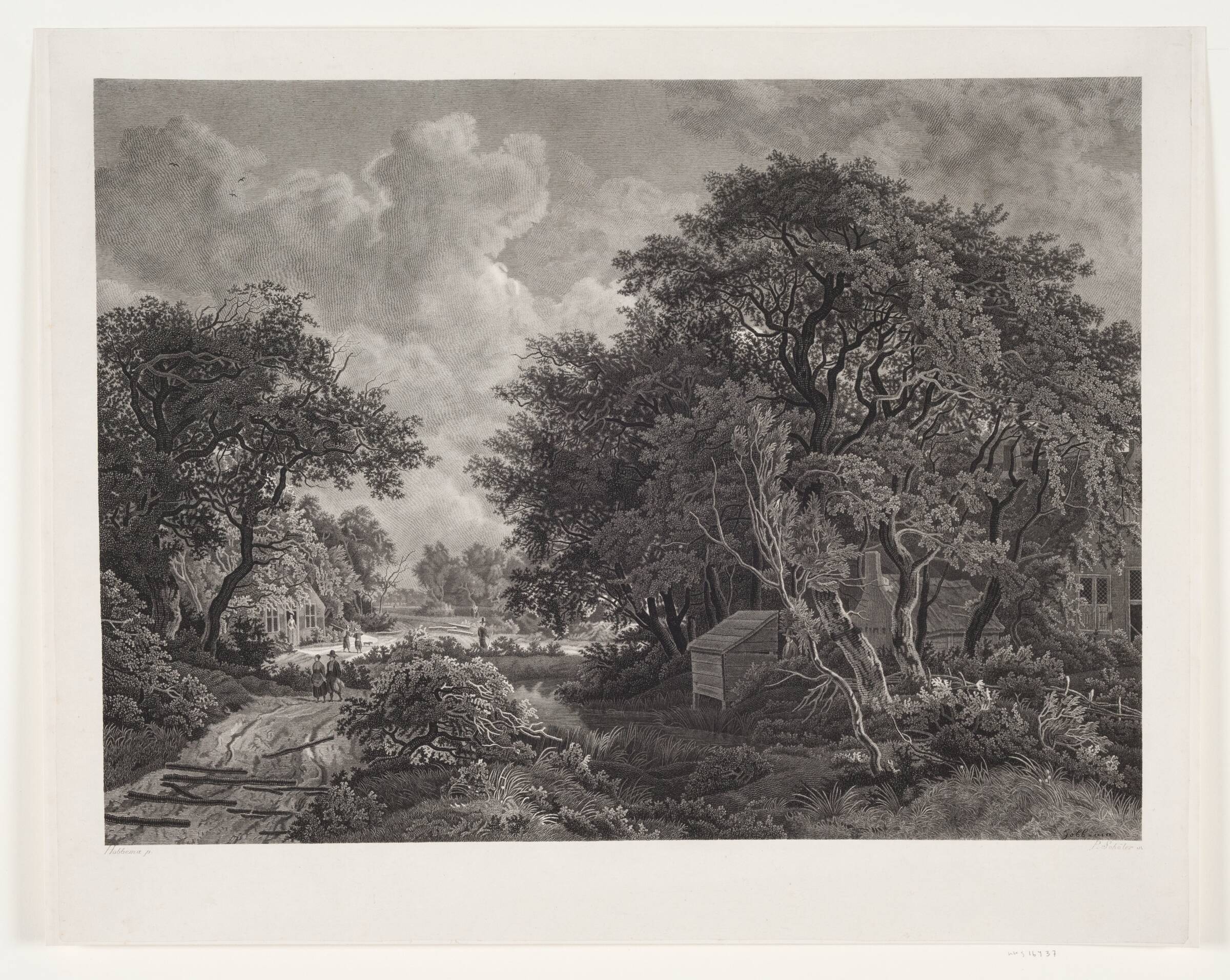 Vej gennem en landsby med høje træer, Peter Christian Schøler, 1803-1867