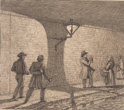 Gadescene ved lygteskin. Illustration til "Linearperspectiven", Tavle VIII