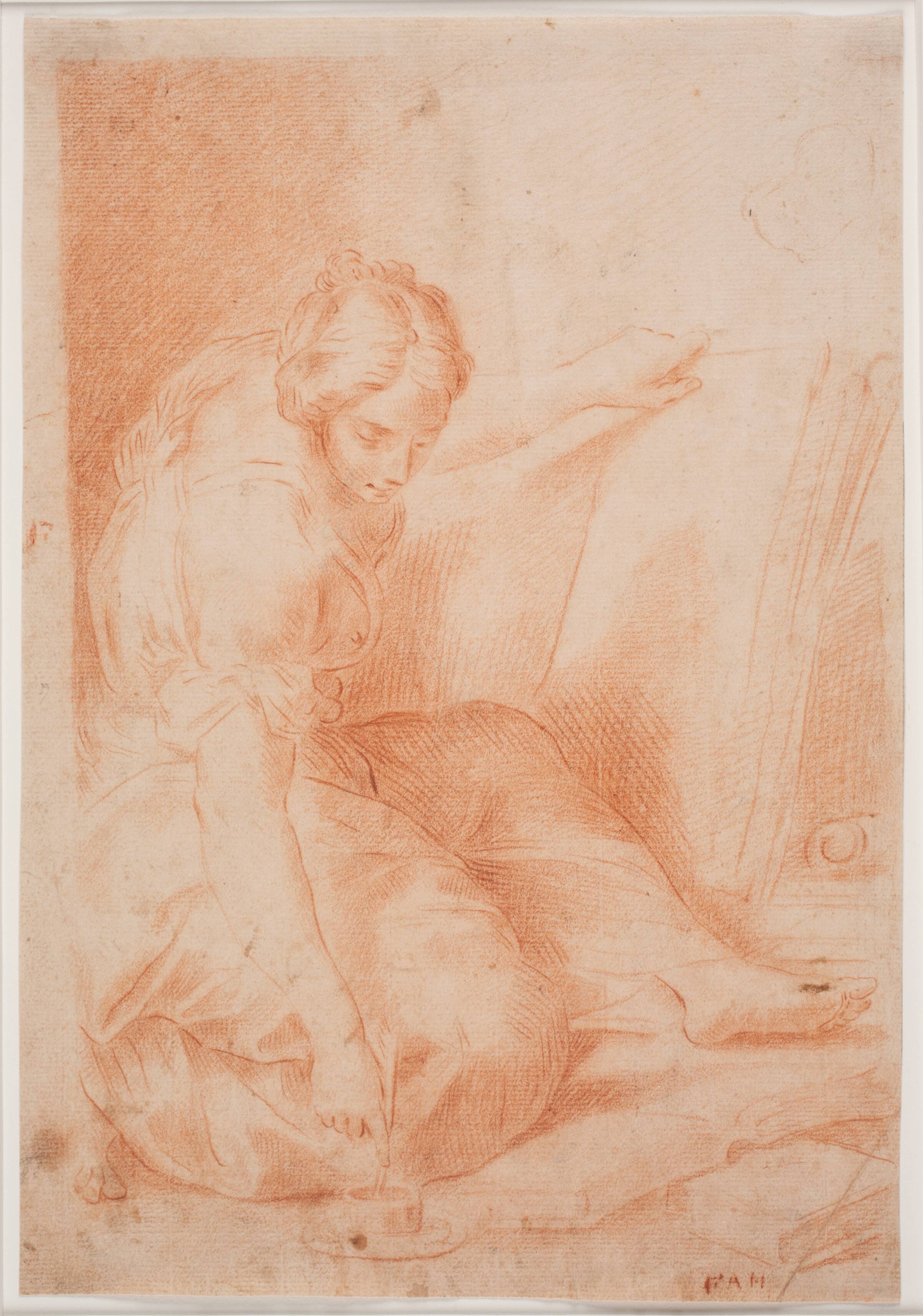 Kvinde skrivende i en foliant. (Fama), Hendrik Krock, 1671-1738