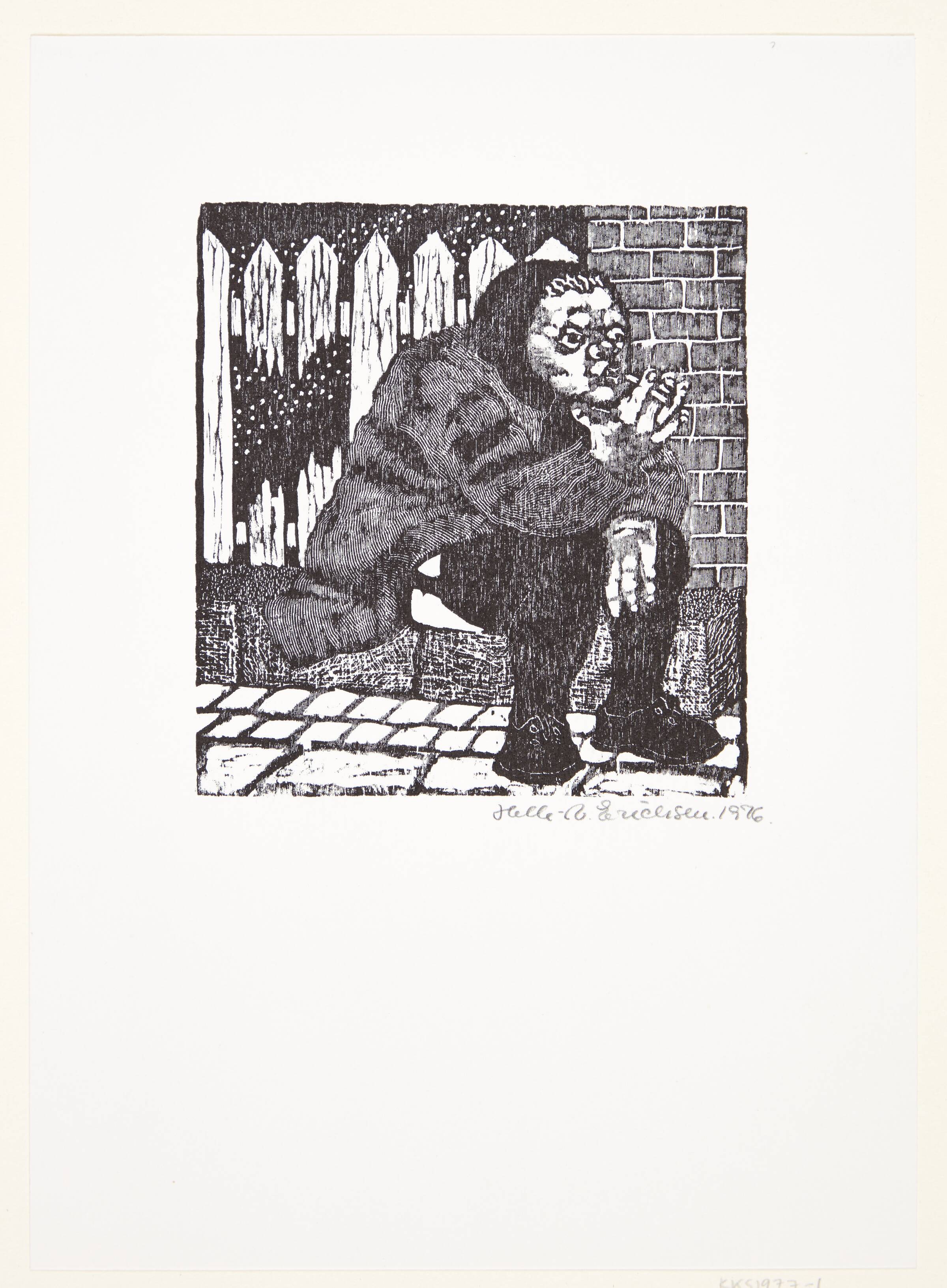 Siddende, rygende kvinde ved et stakit, Erichsen, Helle Vibeke, 1976