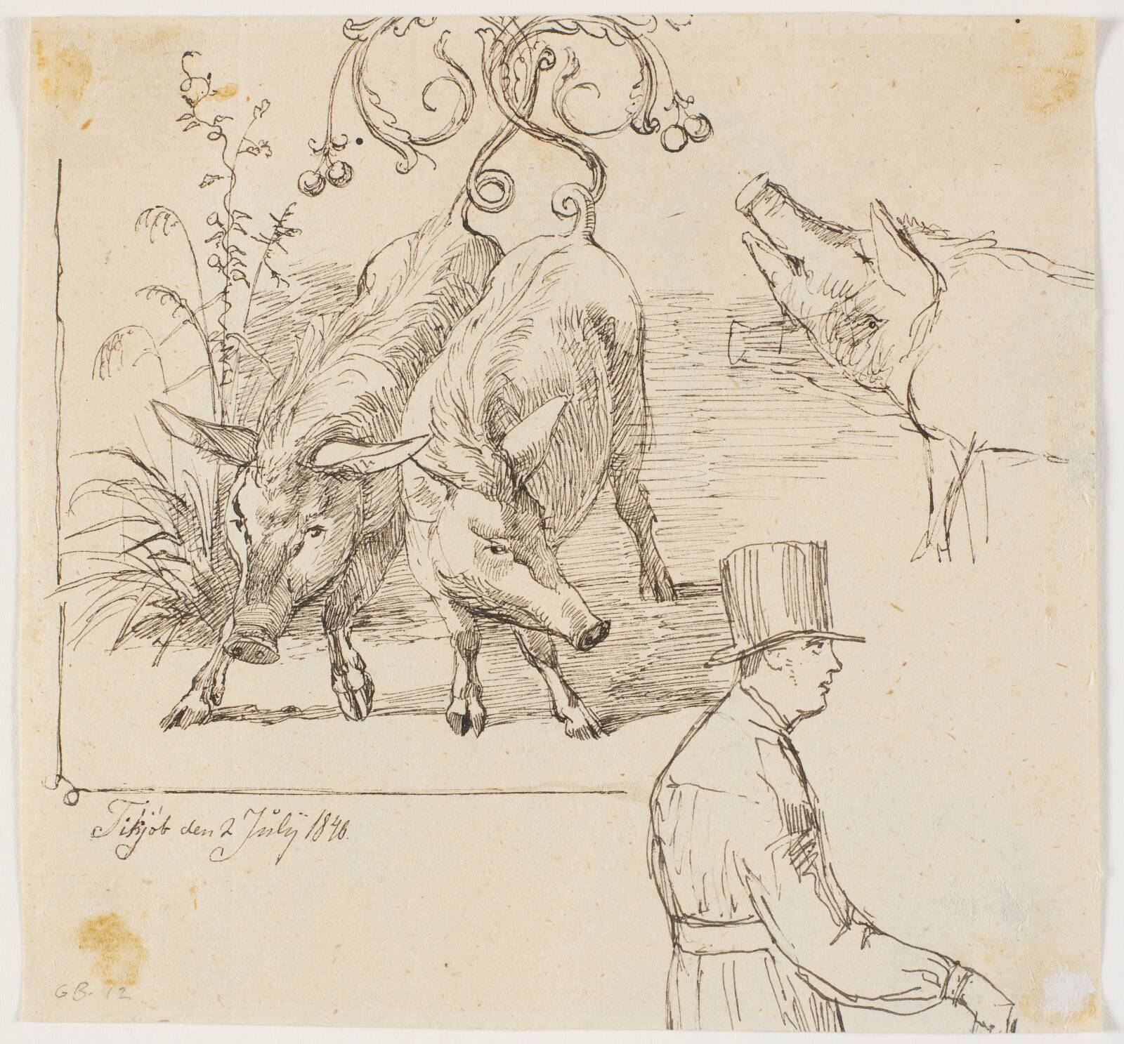 Tre svin, halvfigur af ung mand, Johan Thomas Lundbye, 1840
