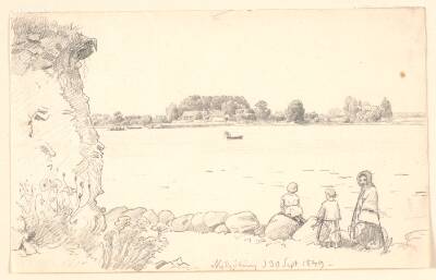 En dame og to børn ved Guldborg Sund. Nykøbing Falster.