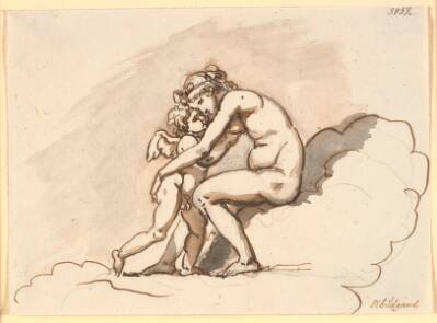 Venus, siddende i skyerne, omfavner Amor