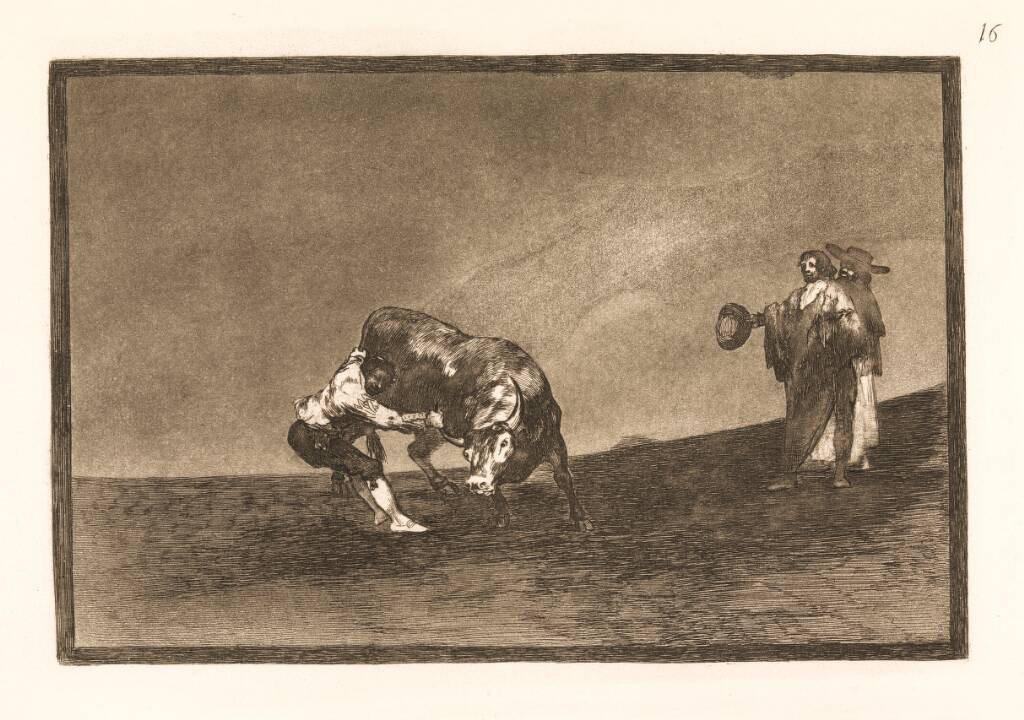 Den samme mand trækker en tyr omkuld i arenaen i Madrid, Francisco de Goya, 1815-1816