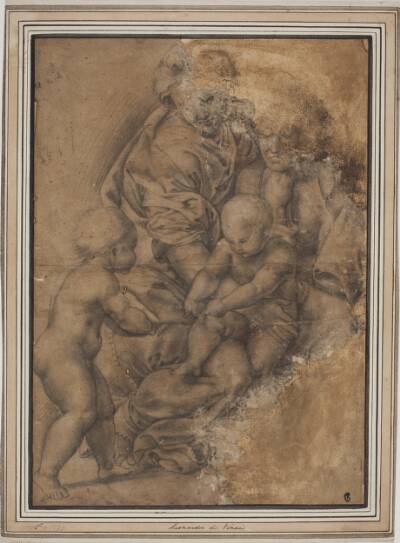 Den hellige familie med Johannes Døberen som spæd. Efter Giulio Romanos "Madonna della Gatta"