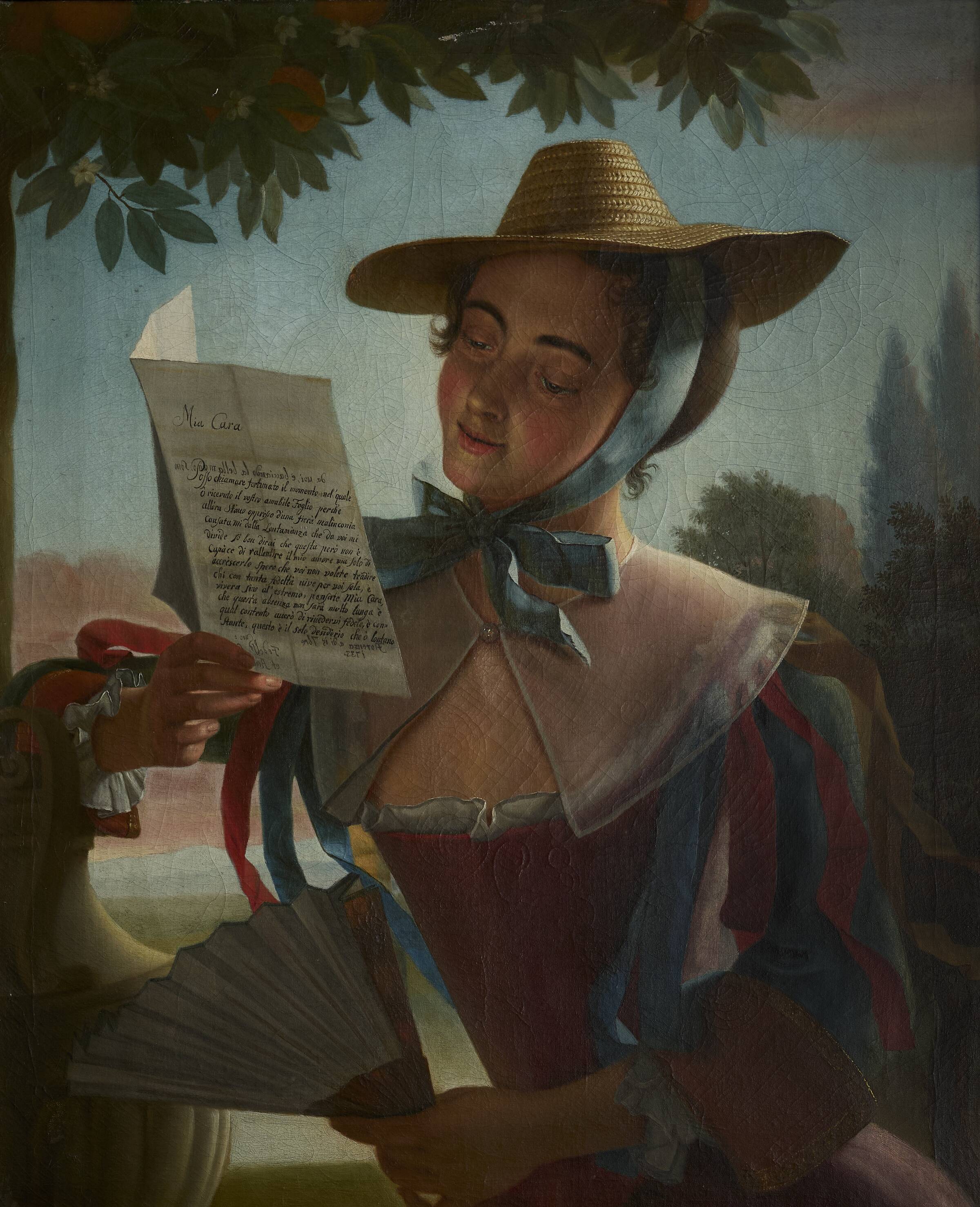 Dame i sommerdragt og med stråhat, læsende et brev, Andreas Møller, 1733