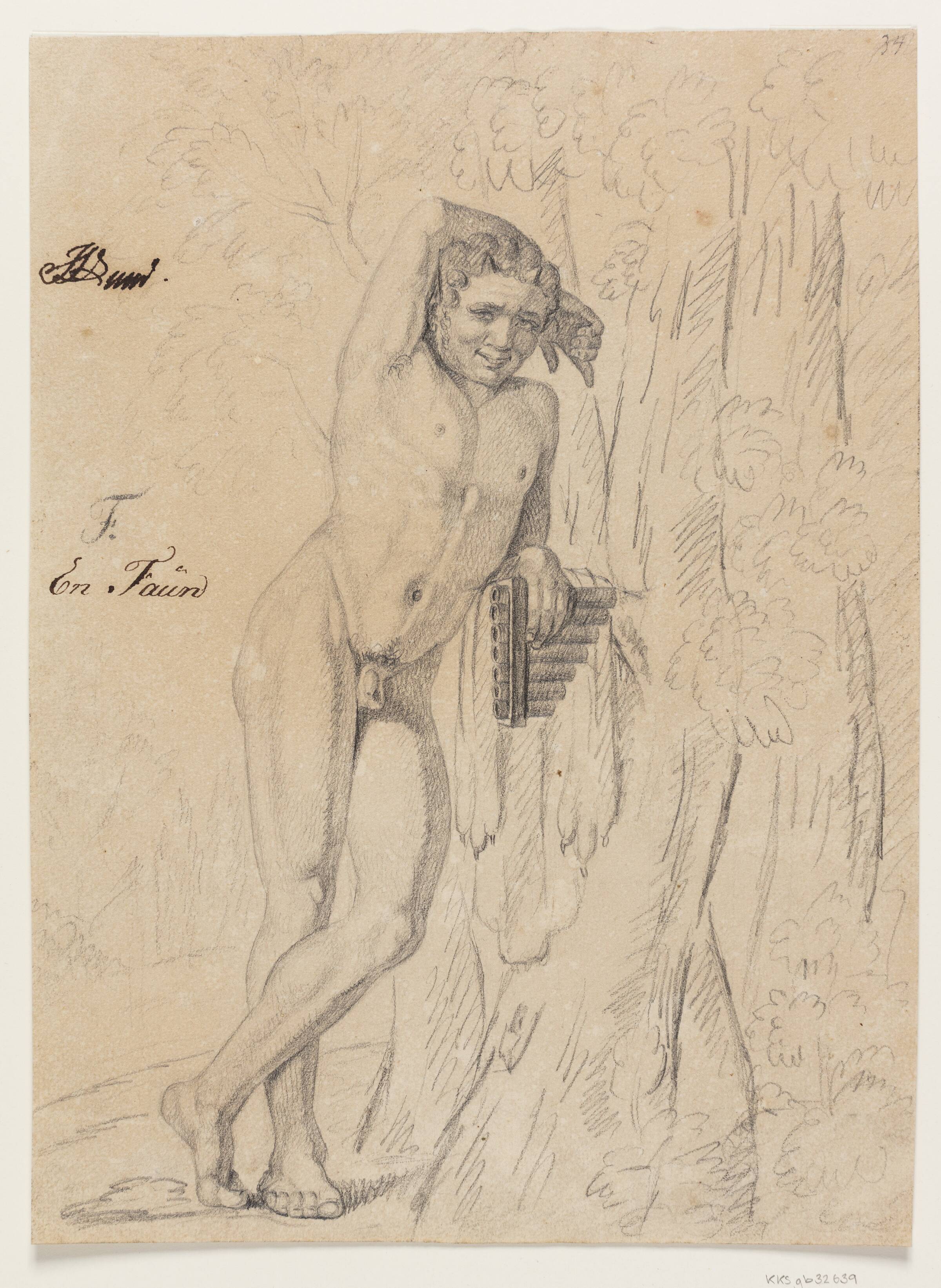 Faun med panfløjte (syrinx), lænet op ad et træ, Albert Küchler, 1803-1886