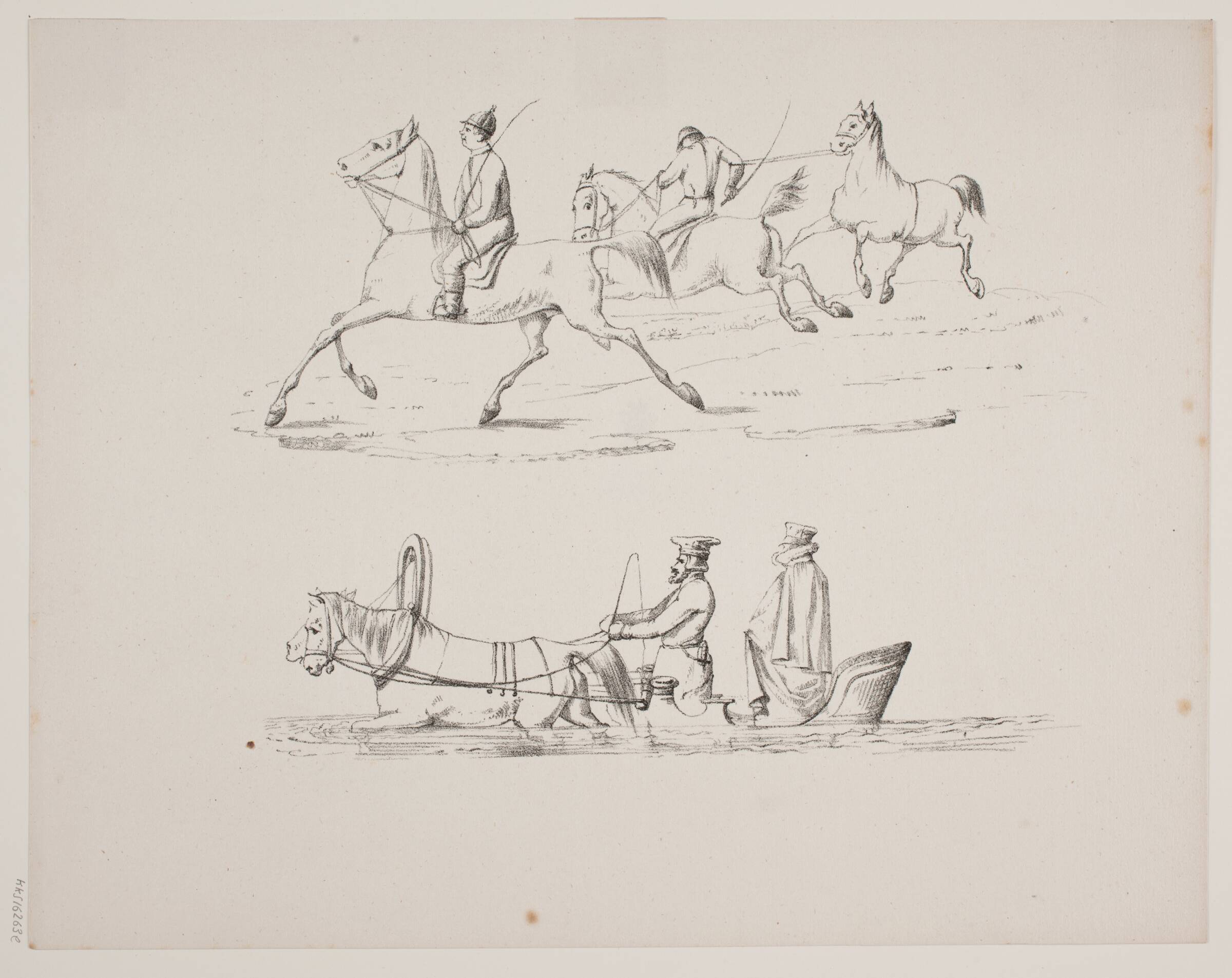 Prøveblad med jockeyer og kane, N.B. Krossing, 1795-1854