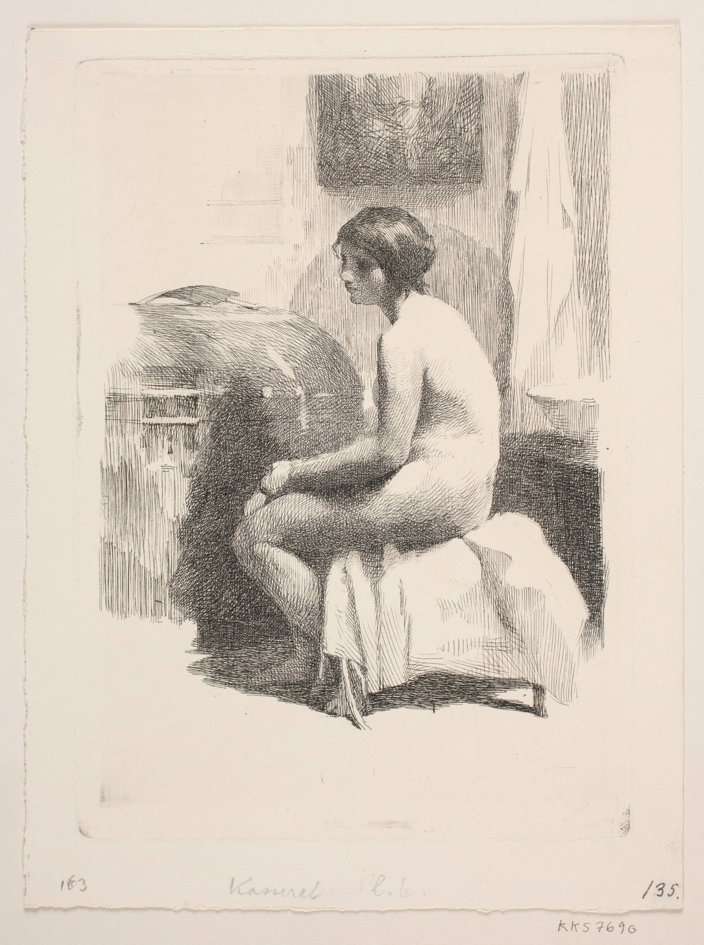 Nøgen kvindelig model, siddende i et værelse, Frans Schwartz, 1865-1917