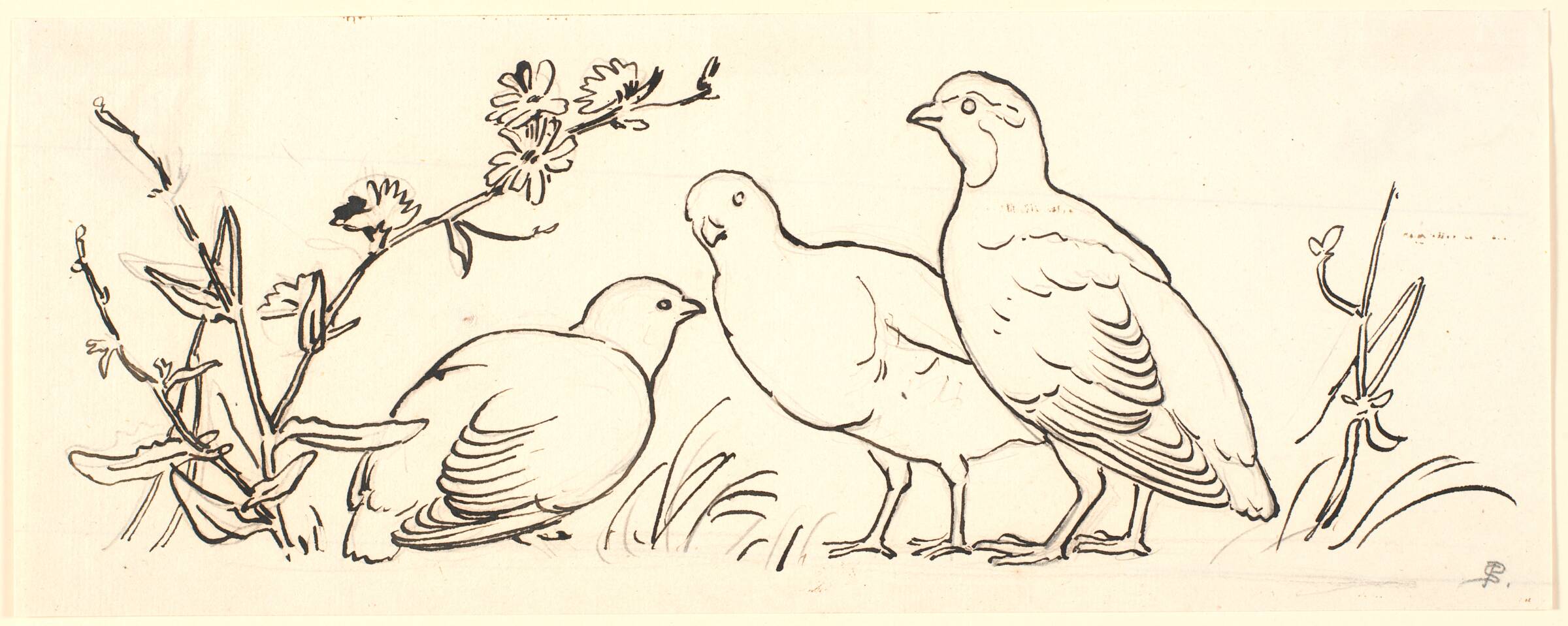 Tre agerhøns. Dekorativt udkast., P.C. Skovgaard, 1817-1875