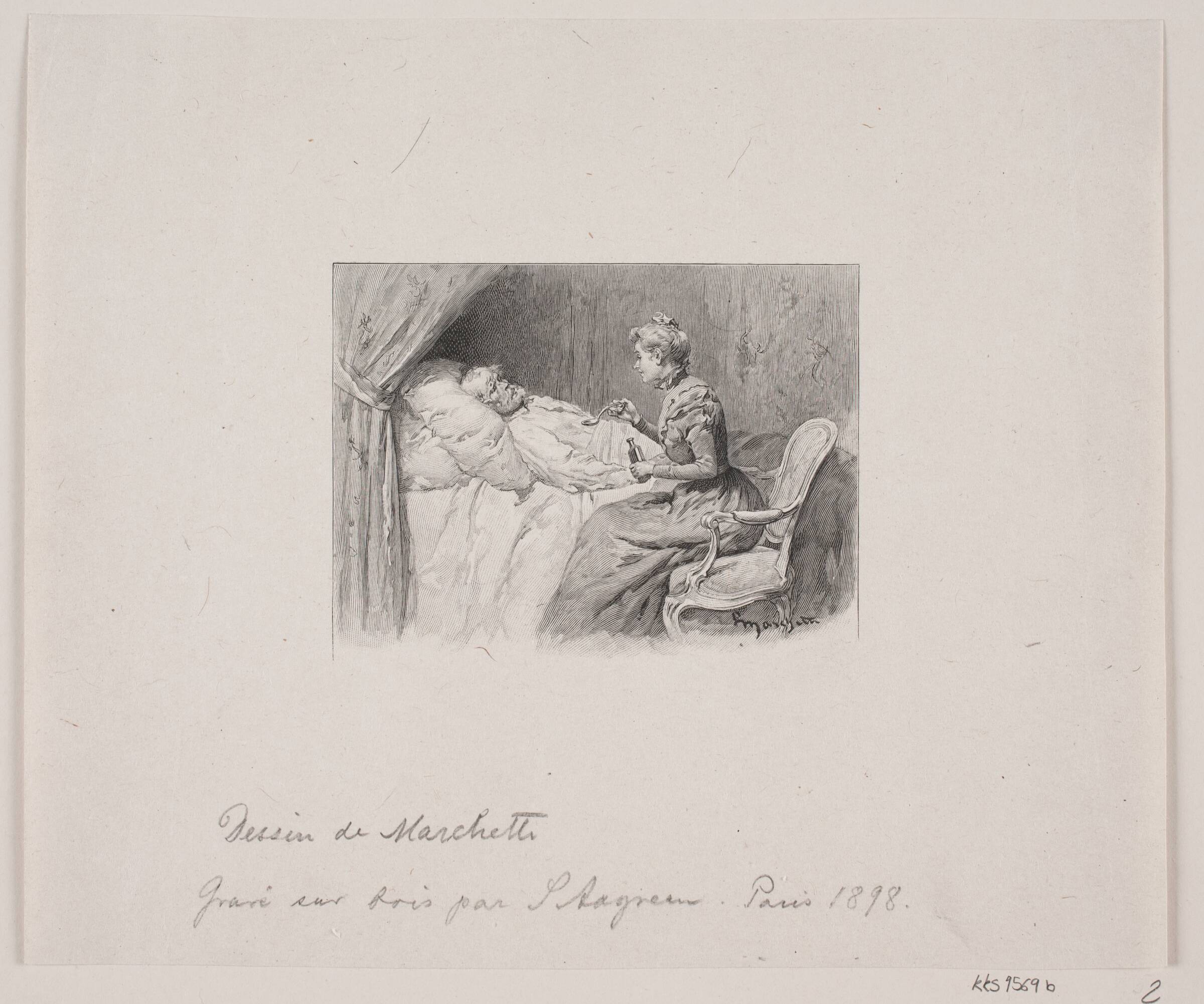 En syg får medicin, S. Aagren, 1898