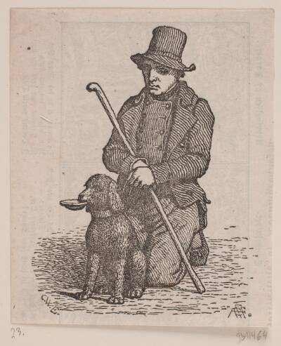 Knælende tigger med puddelhund