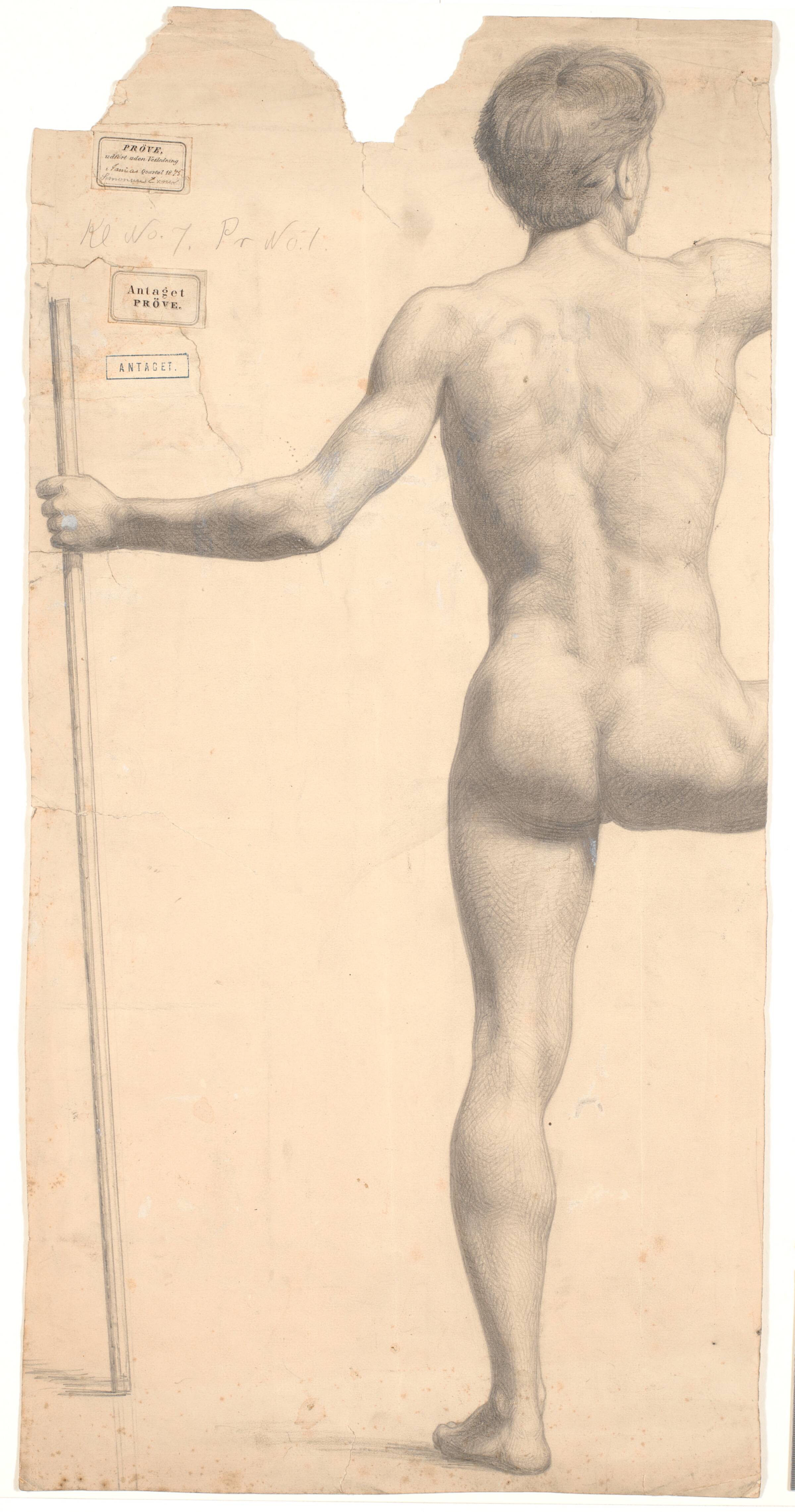 Stående mandlig model, set fra ryggen, stav i ventre hånd, højre arm og ben afskåret, Joakim Skovgaard, 1875