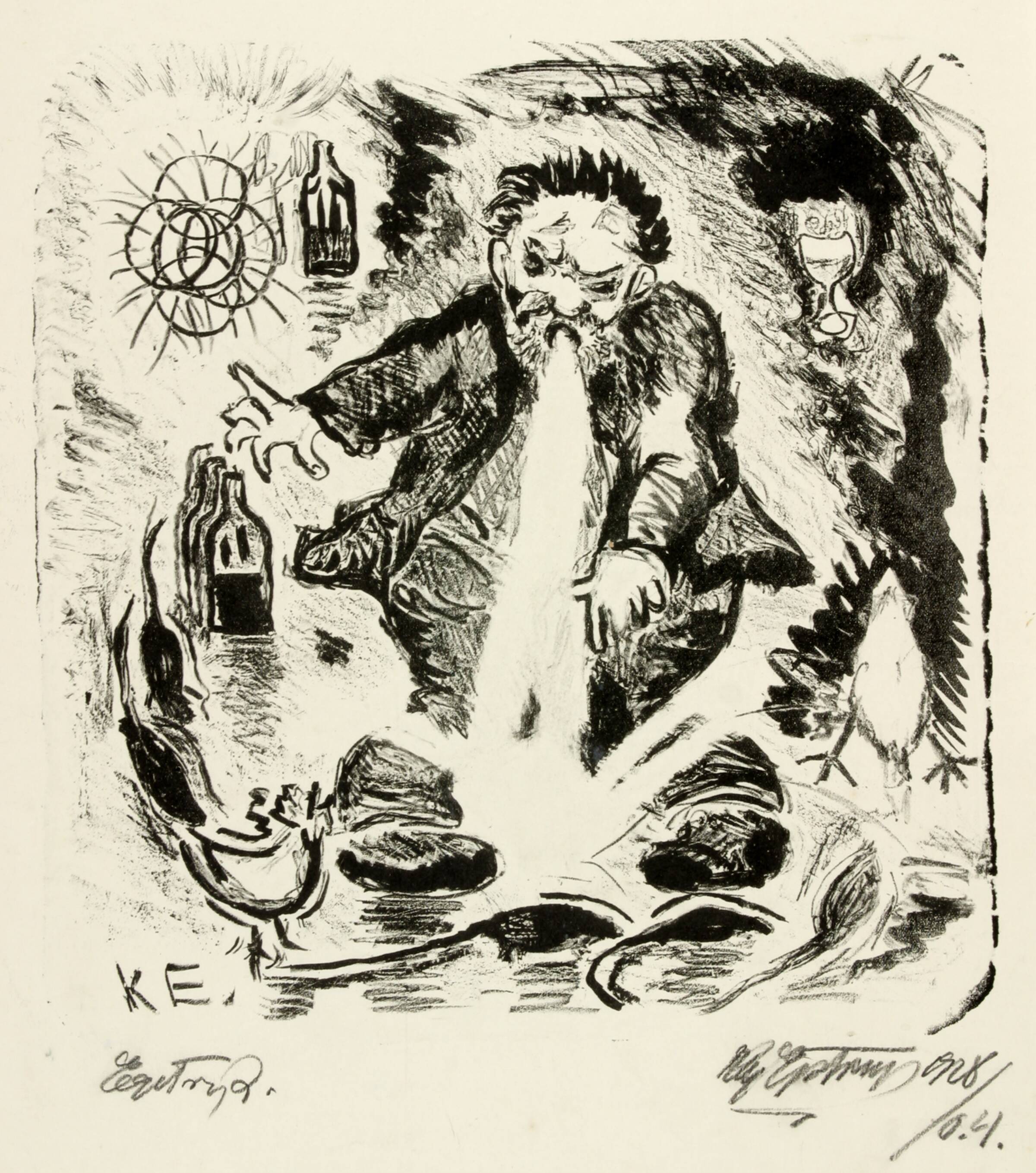 Frådsende mand, der brækker sig ved bordet, Kaj Ejstrup, 1928