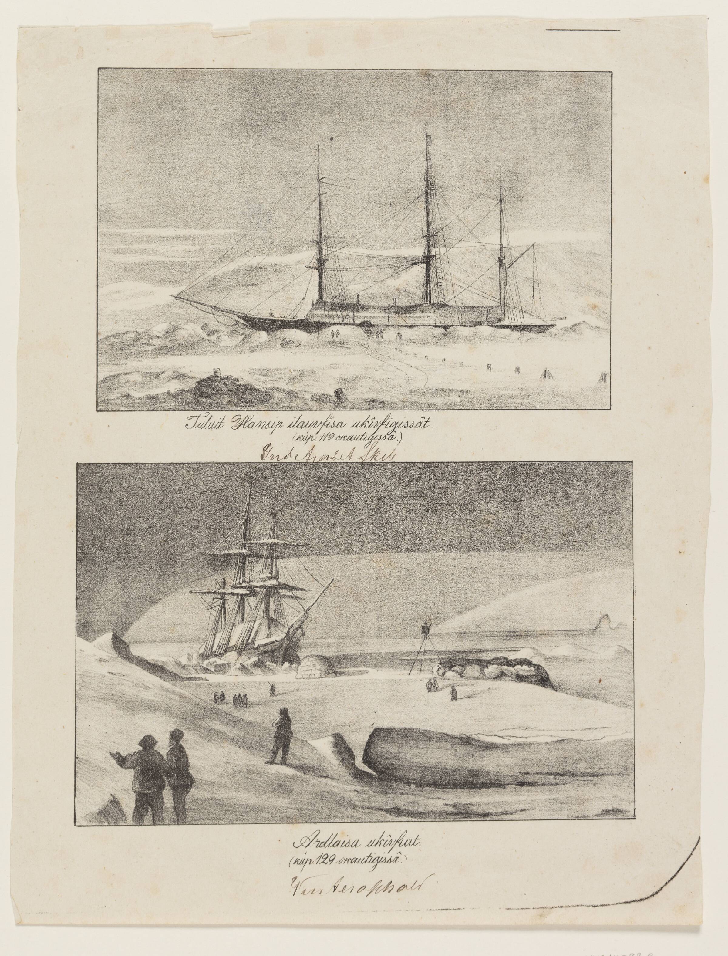 Indefrosset skib ("Tuluit Hansip ilauvfîsa ukîvfigissât"); Indefrosset skib, set forfra ("Ardlaisa ukîvfiat'"), Lars Møller, 1878-1879