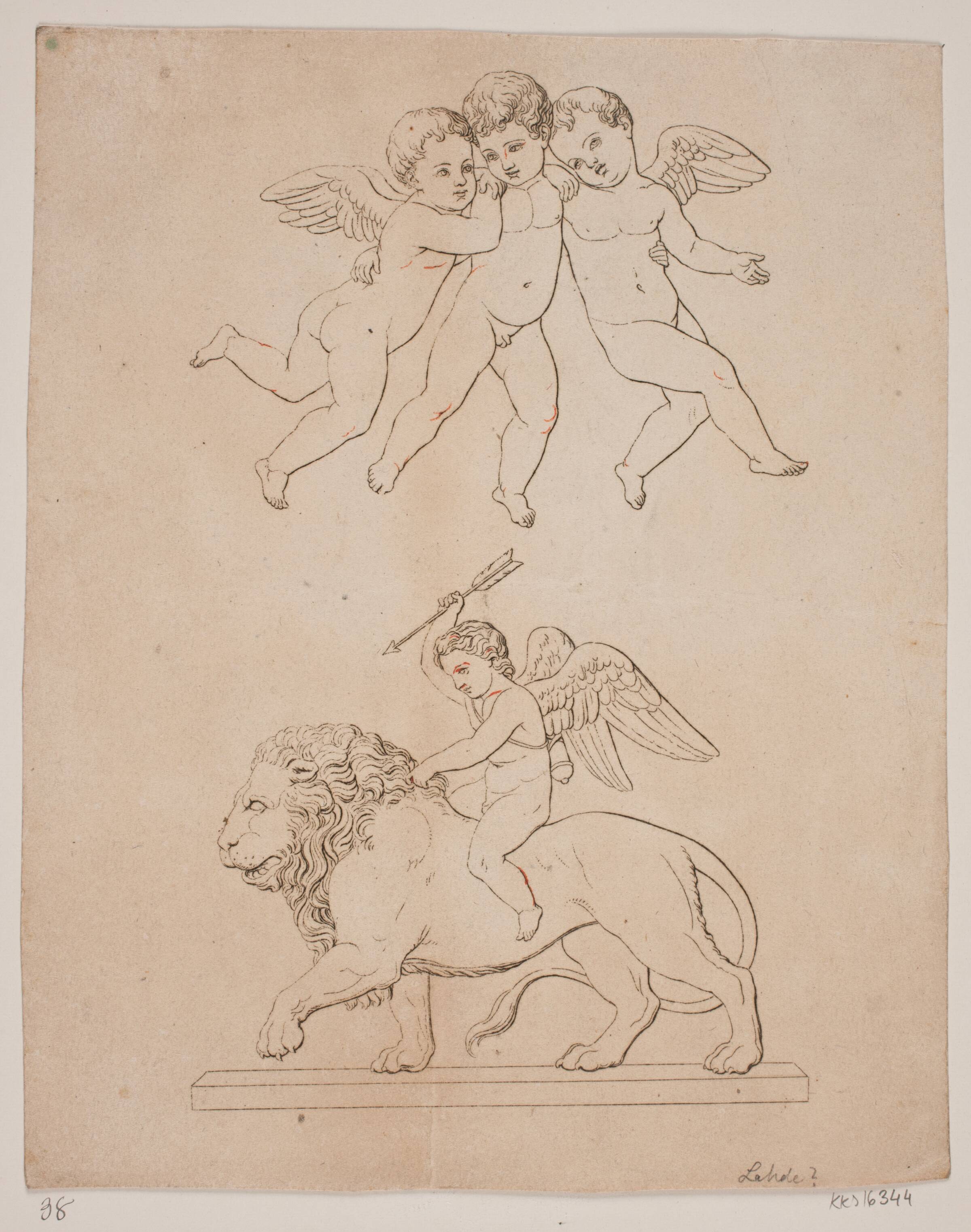 Tavle med tre amoriner og derunder amor på en løve, Gerhard Ludvig Lahde, 1765-1833