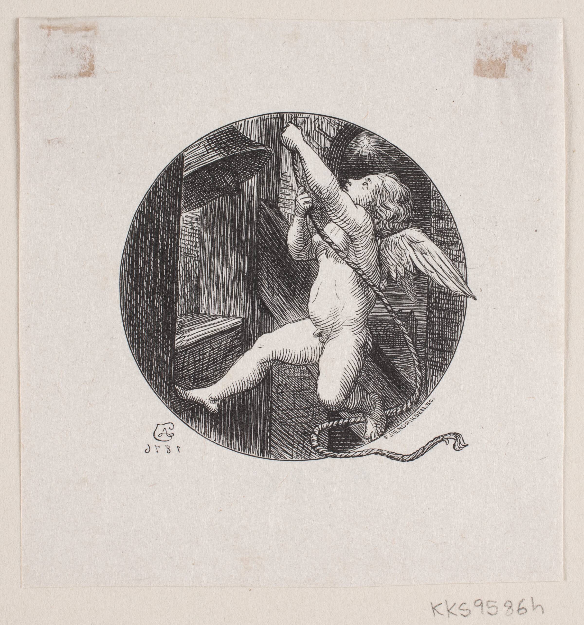 Cirkelrund Vignet med flyvende Engel, F. Hendriksen, 1876-1877