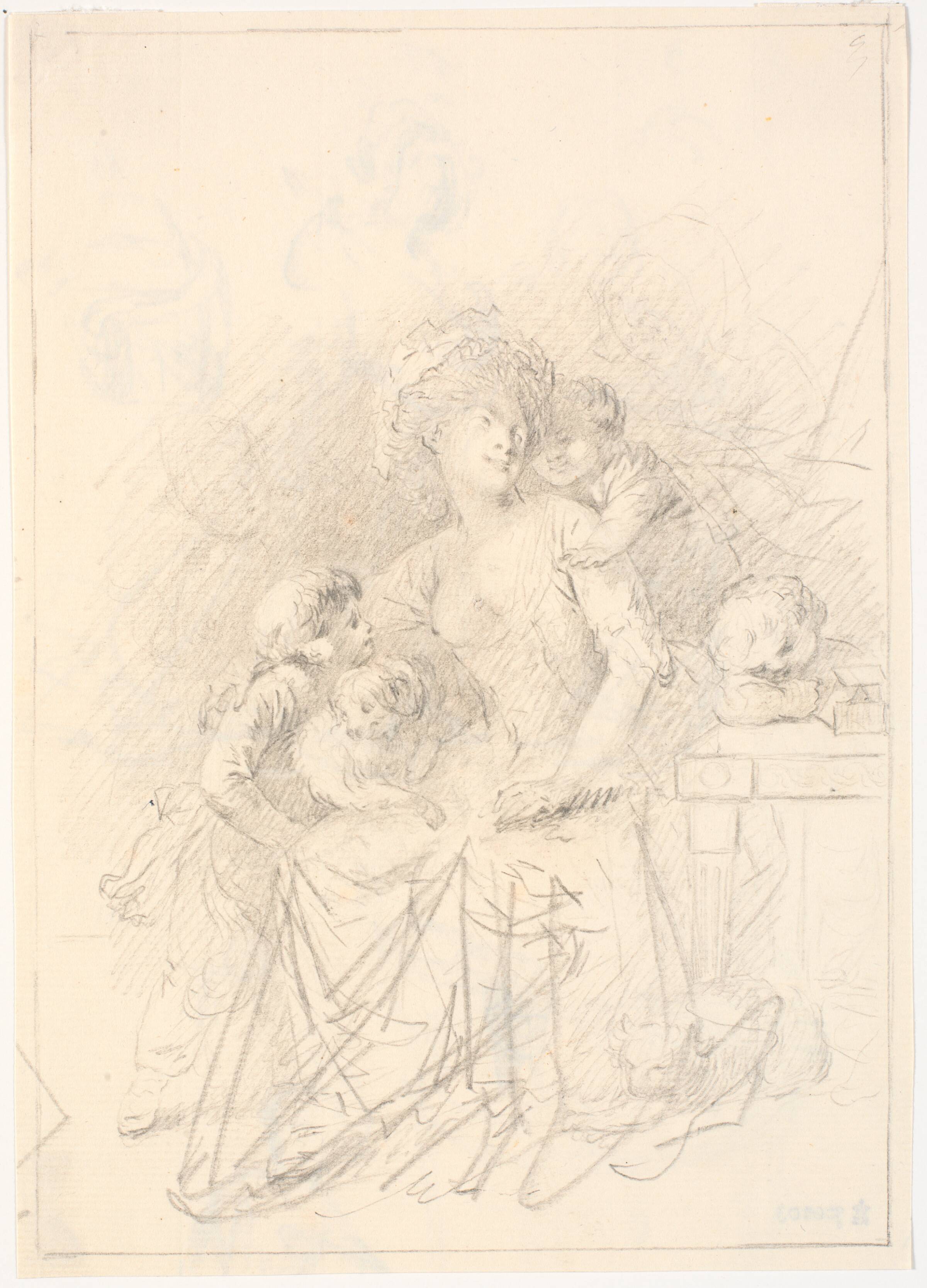Siddende dame med tre børn, en hund og en kat, C.A. Lorentzen, 1746-1828