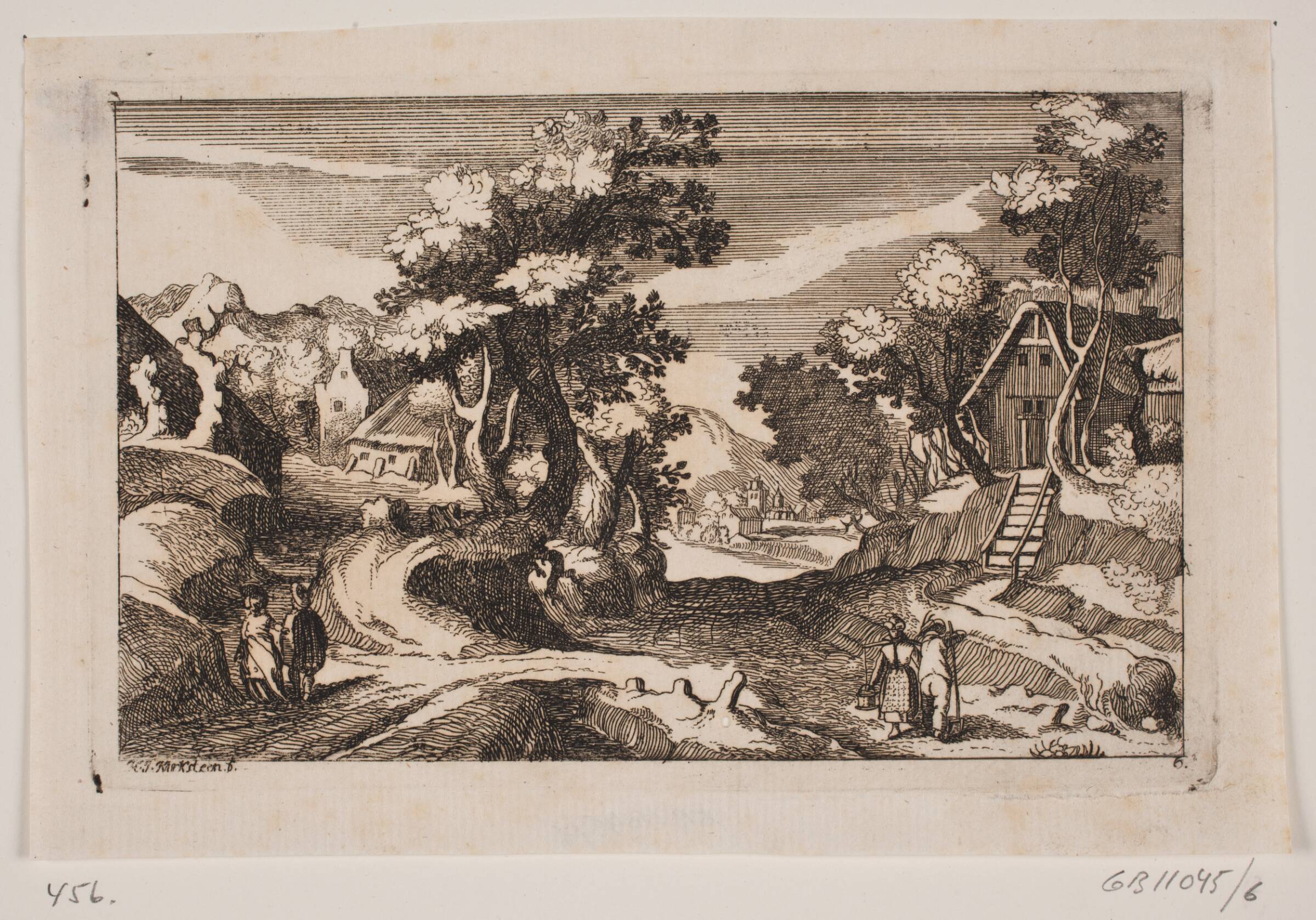 Kuperet landskab med bondehuse. Forrest en mælkepige og en bonde med høtyv, Hans Jørgen Kirksteen, 1746