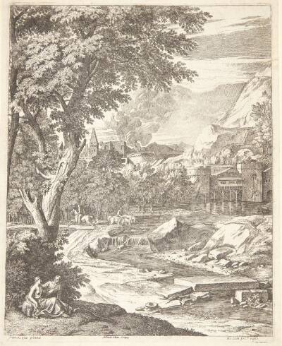 Flodlandskab med et par siddende under et træ, i baggrunden en rytter og en mand, der vander sine heste