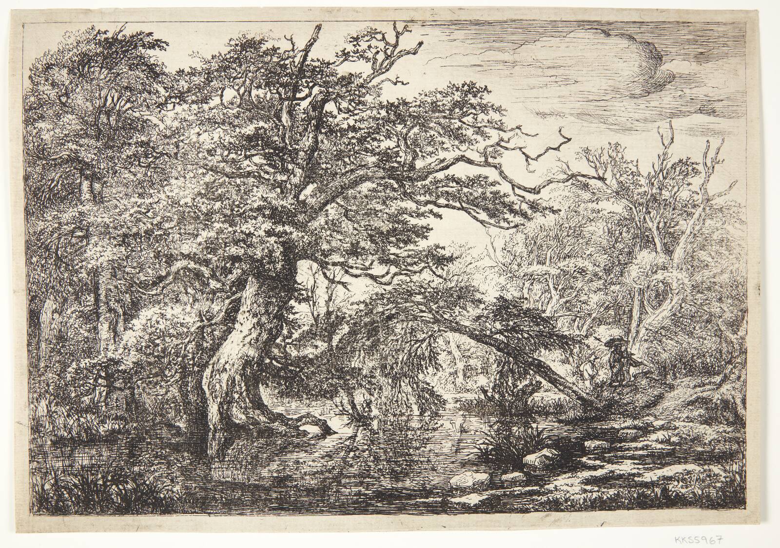 Vejfarende ved en flod med tæt bevoksning, by Jacob Isaacksz. van Ruisdael, 1628-1682