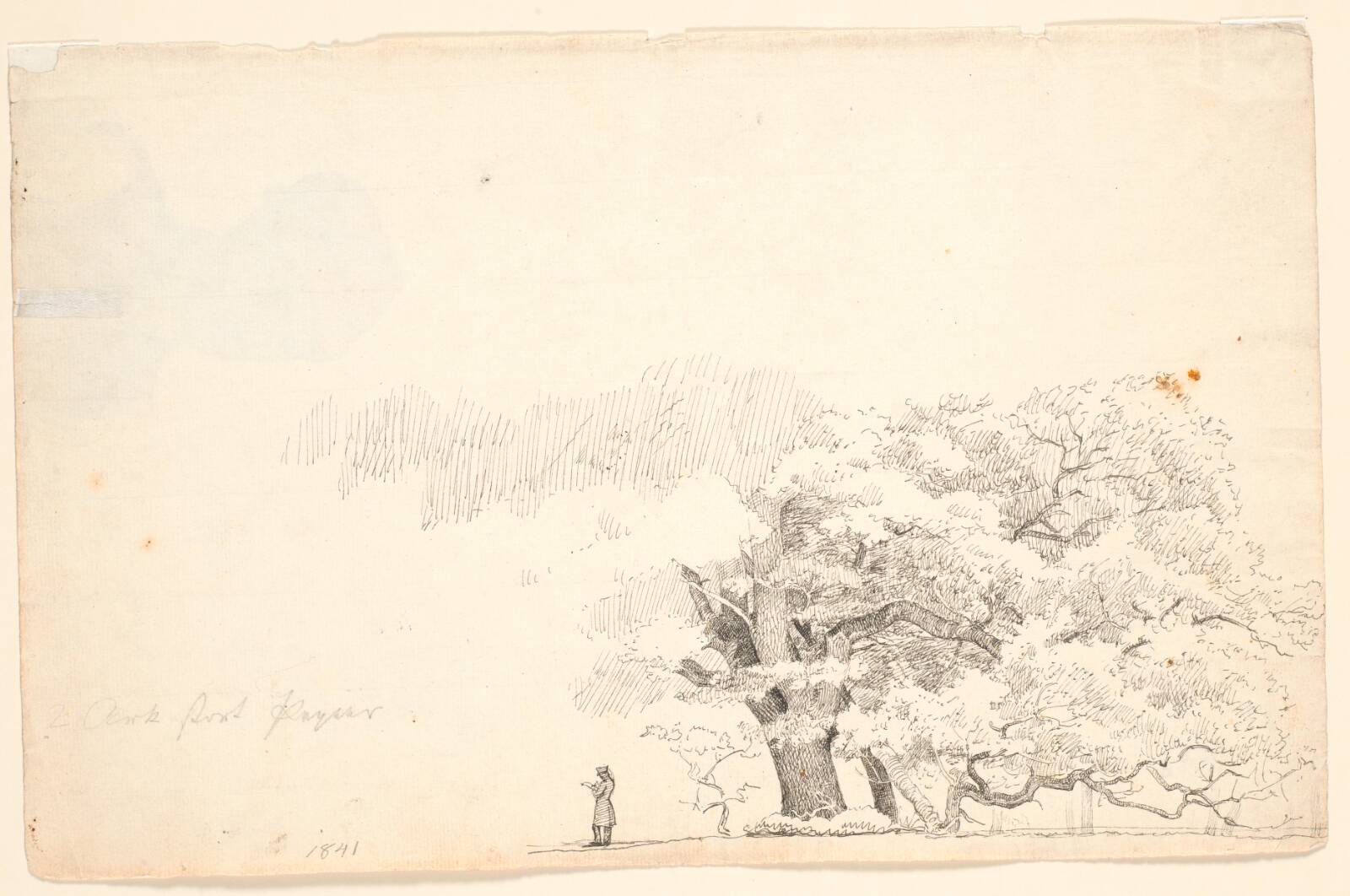 Store egetræer, t.v. en læsende mand., P.C. Skovgaard, 1841