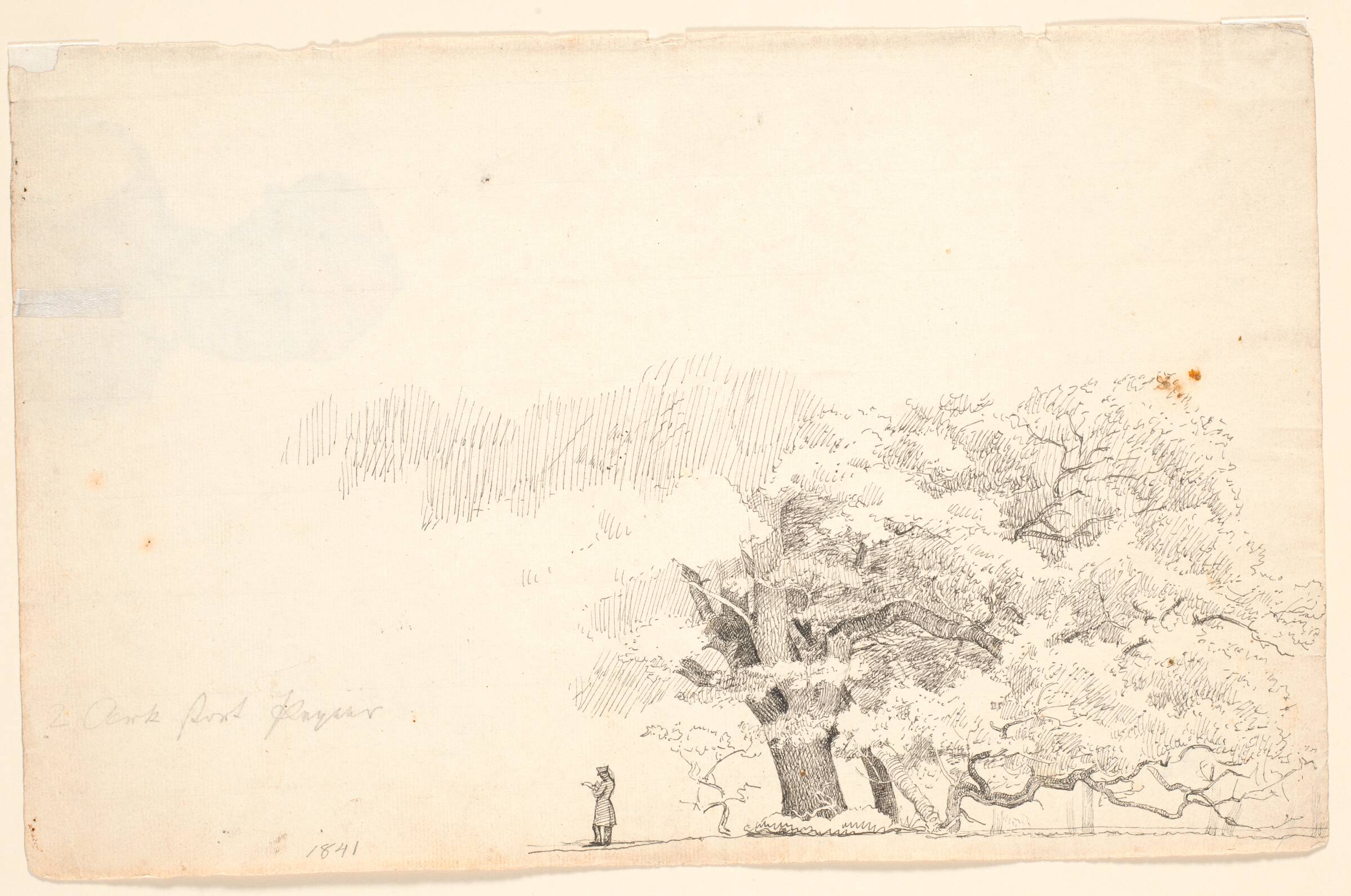 Store egetræer, t.v. en læsende mand., P.C. Skovgaard, 1841