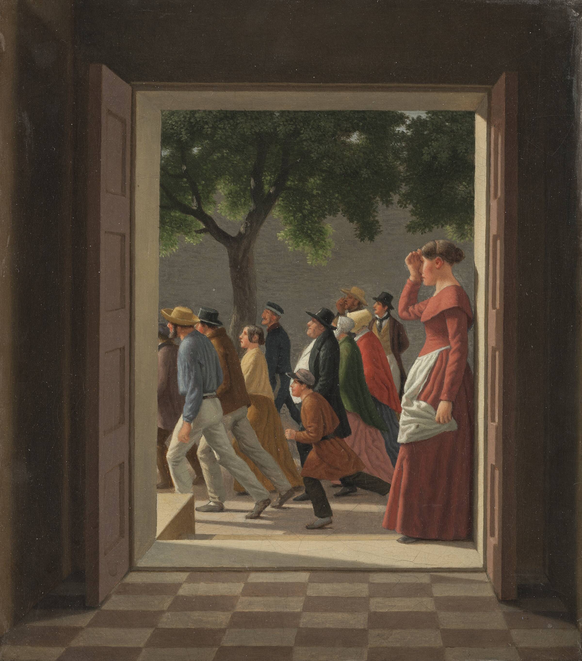 Udsigt gennem en dør til løbende figurer, C.W. Eckersberg, 1845