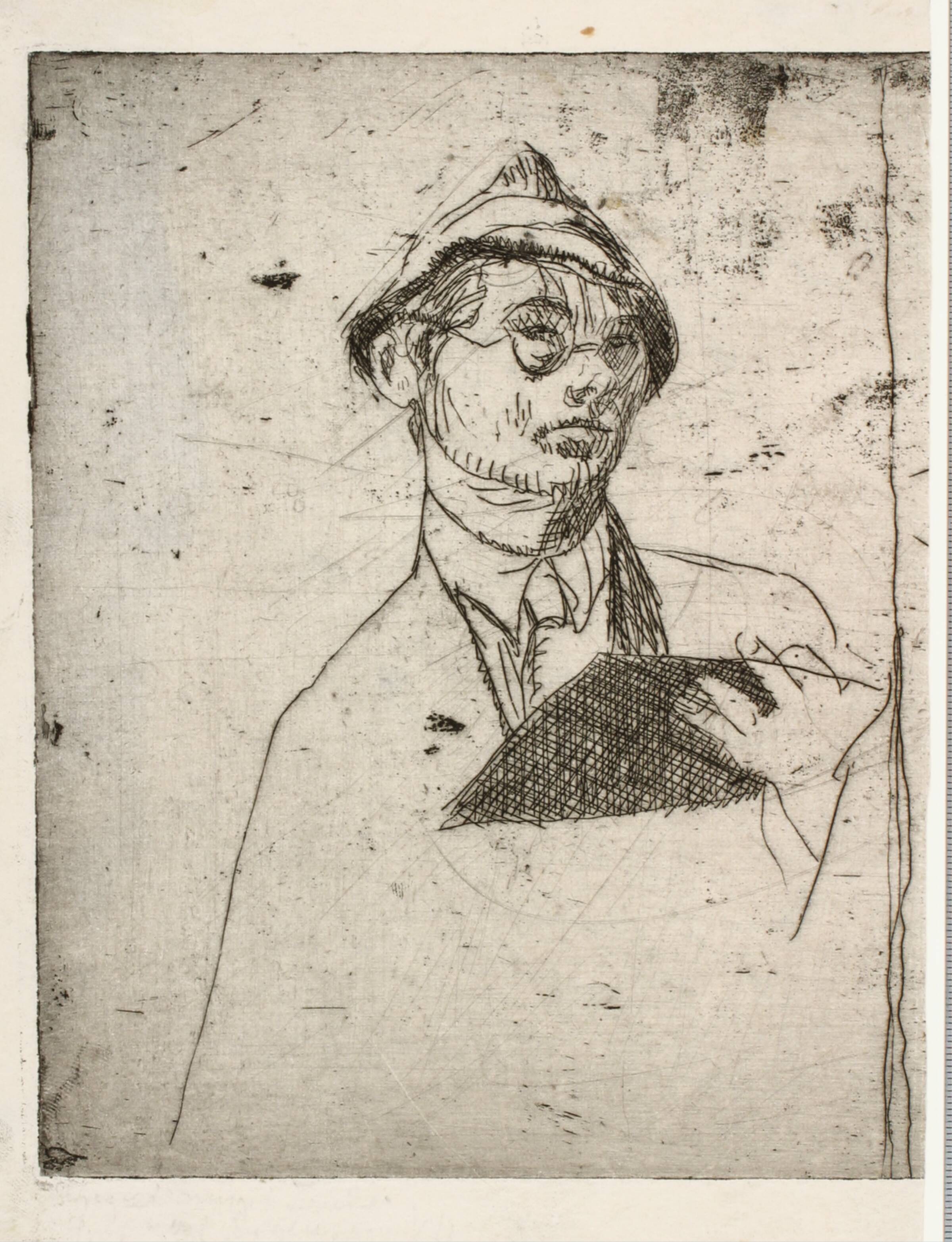 Selvportræt med hat og radérplade, Holger J. Jensen, 1920-1929