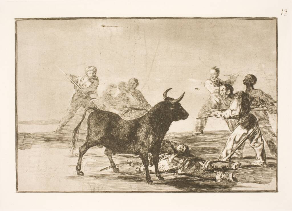 Folket stækker tyren med lanser, segl, banderillaer og andre våben, Francisco de Goya, 1815-1816