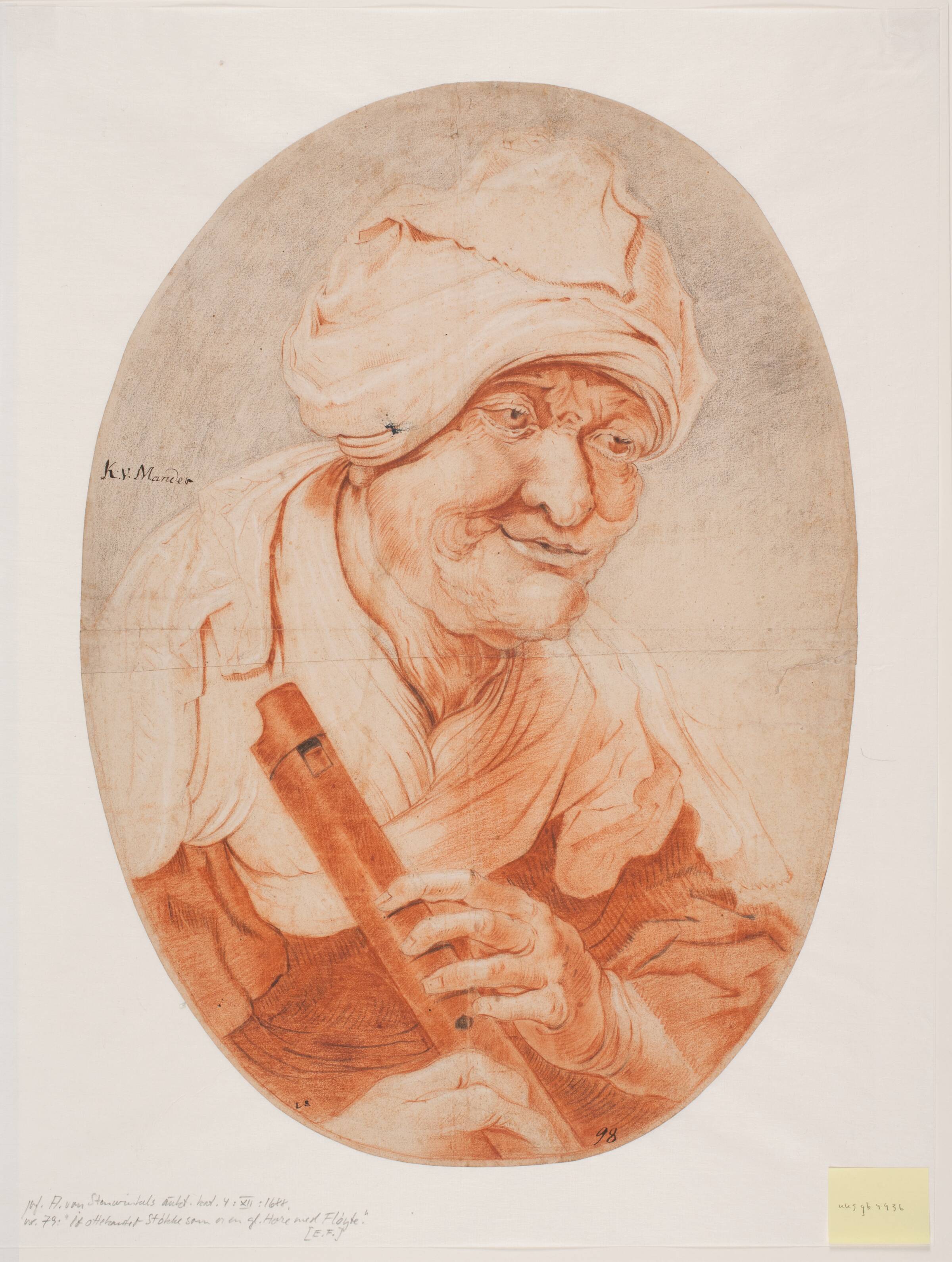 Gammel kone med blokfløjte i hænderne; halvfigur i oval., Mander III, Karel van, 1609-1670