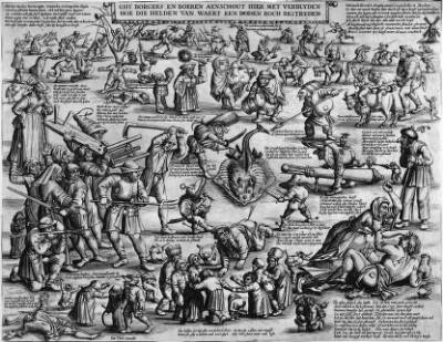 Satirisk blad med mennesker, der opfører sig upassende (Ghy borgers en boeren aenschout hier met verblyden hoe die helden van waert een doden roch bestryden)