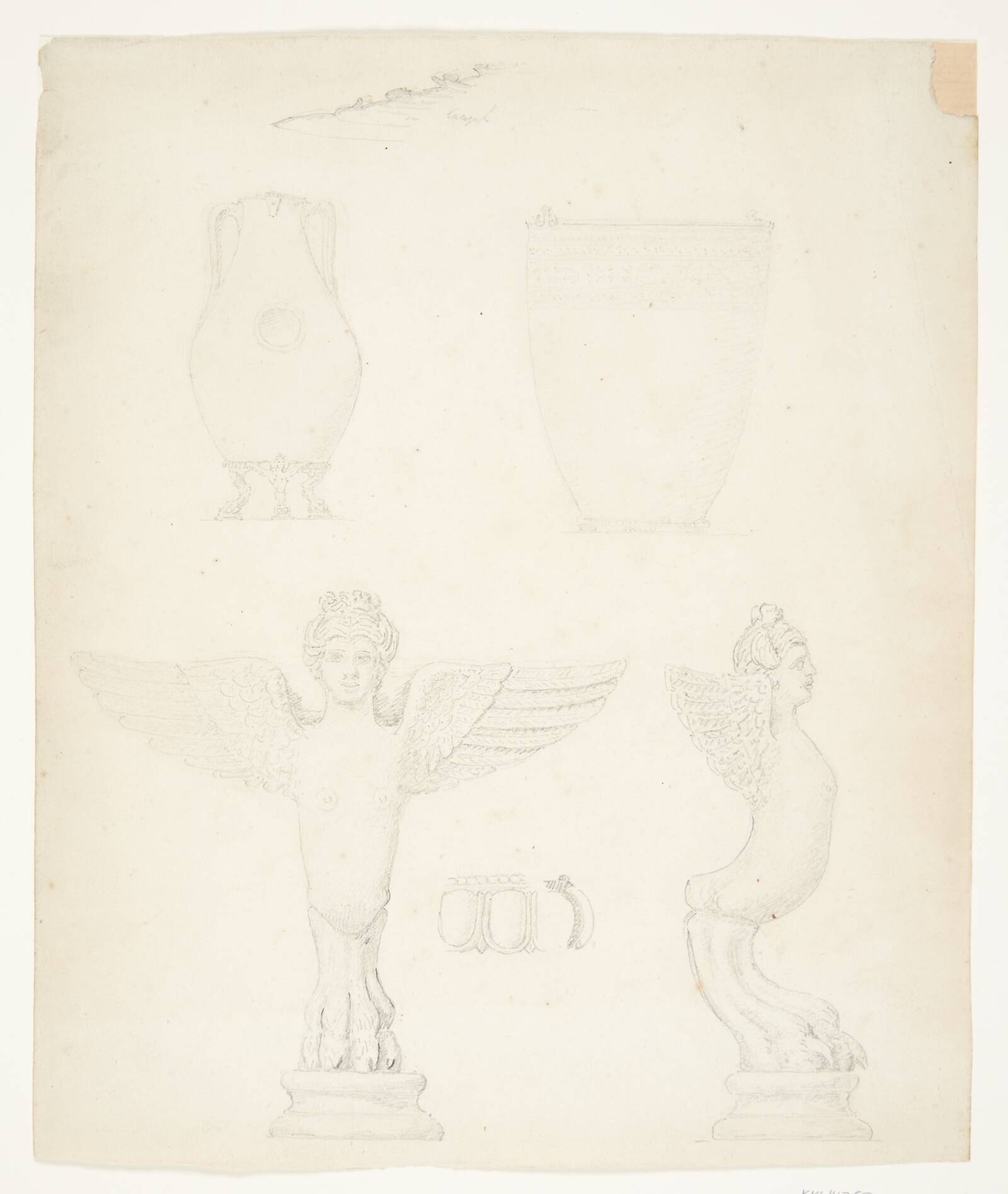 Studieblad med vaser og sirener, Johanne Bindesbøll, 1866-1934