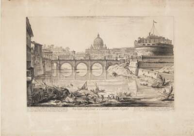 Castel Sant' Angelo-broen med kastelle (Hadrians mausoleum), i forgrunden Tiberen med både og i det fjerne Peterskirkens kuppel