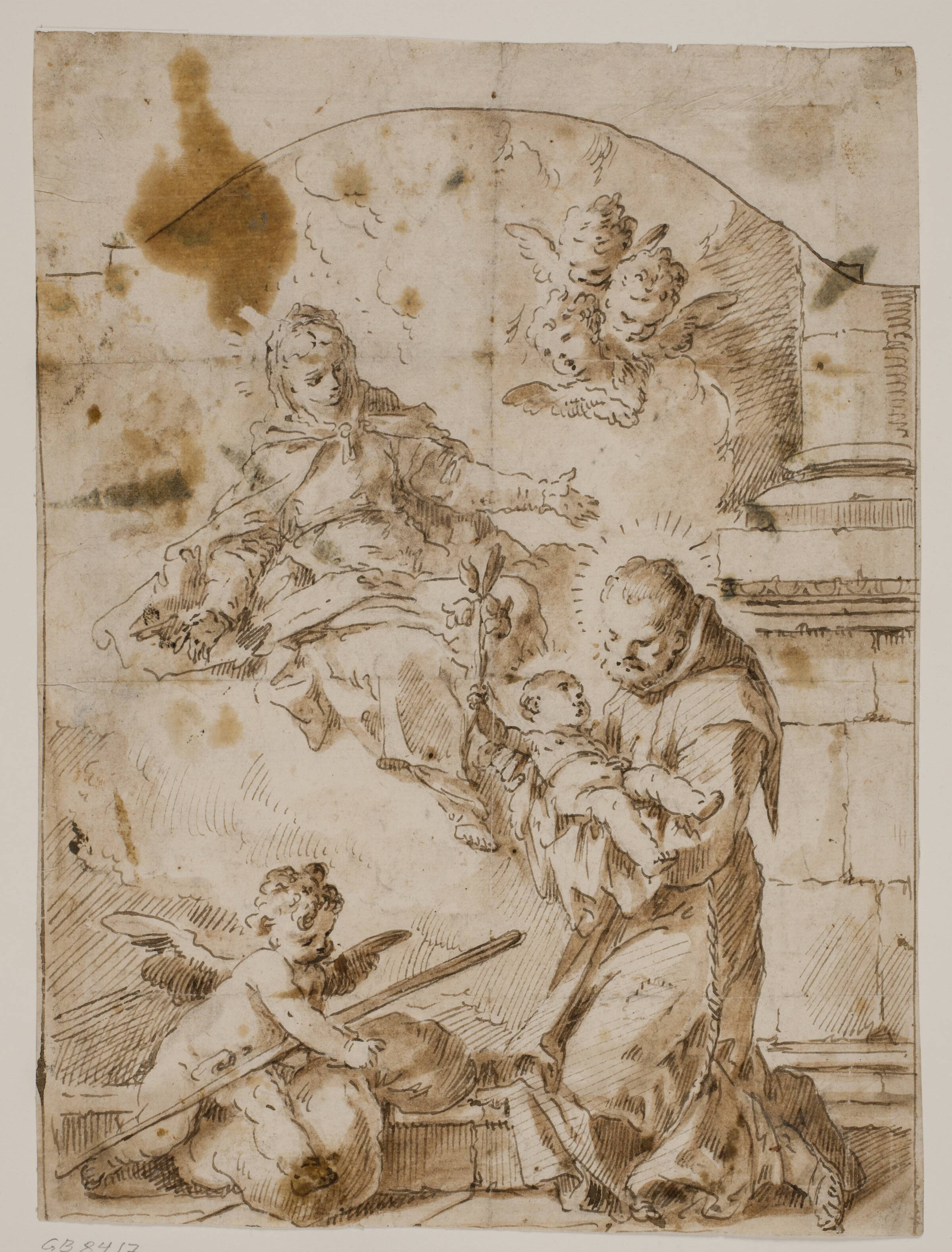 Den hellige Antonius af Padova knælende med Jesusbarnet i sine arme, mens Jomfru Maria og engle åbenbarer sig i skyen, Pietro Antonio Novelli, 1729-1804