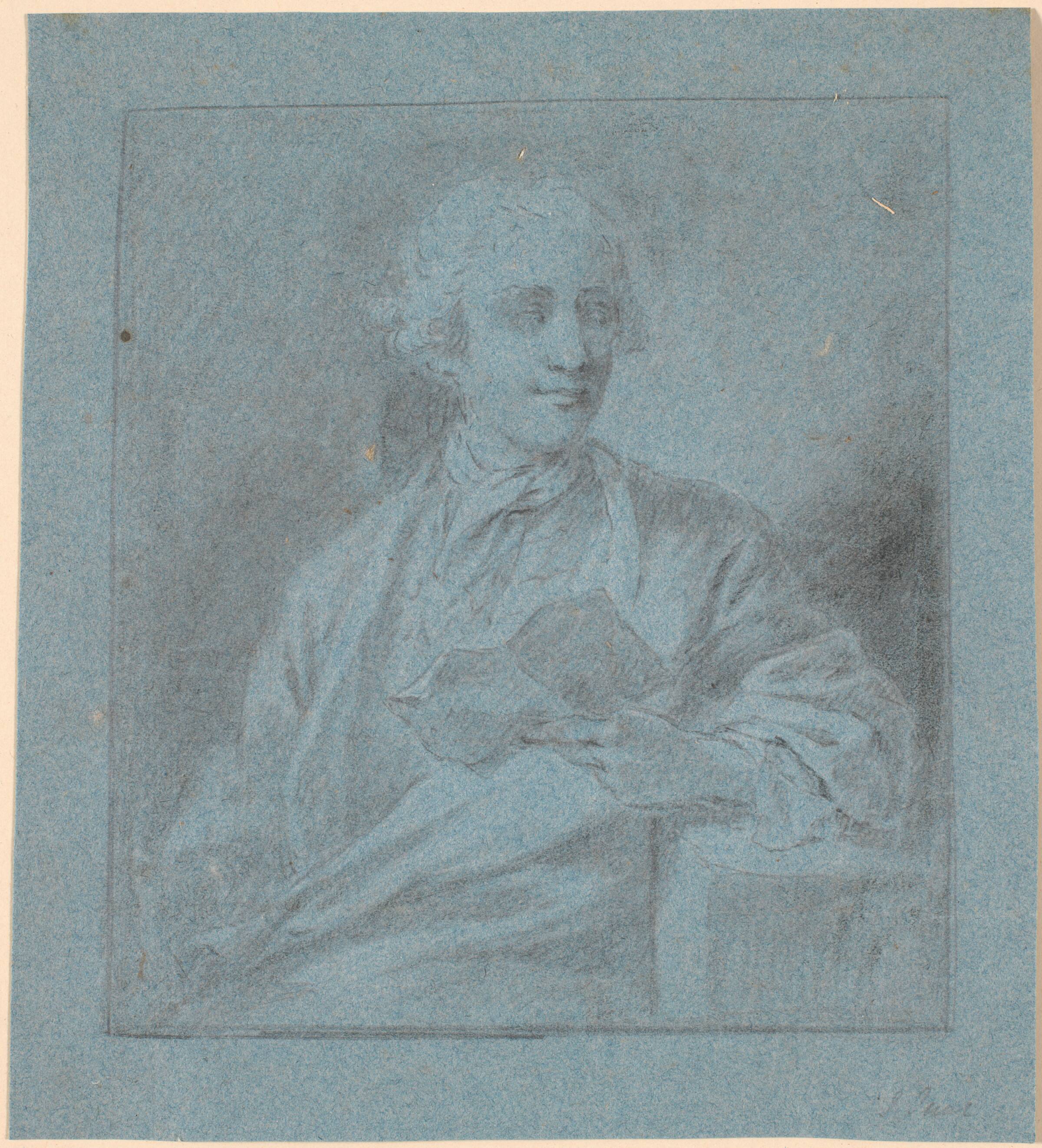 Studie til et portræt af en siddende ung mand med et stykke papir i hånden. Halvfigur en face, Jens Juel, 1766-1769