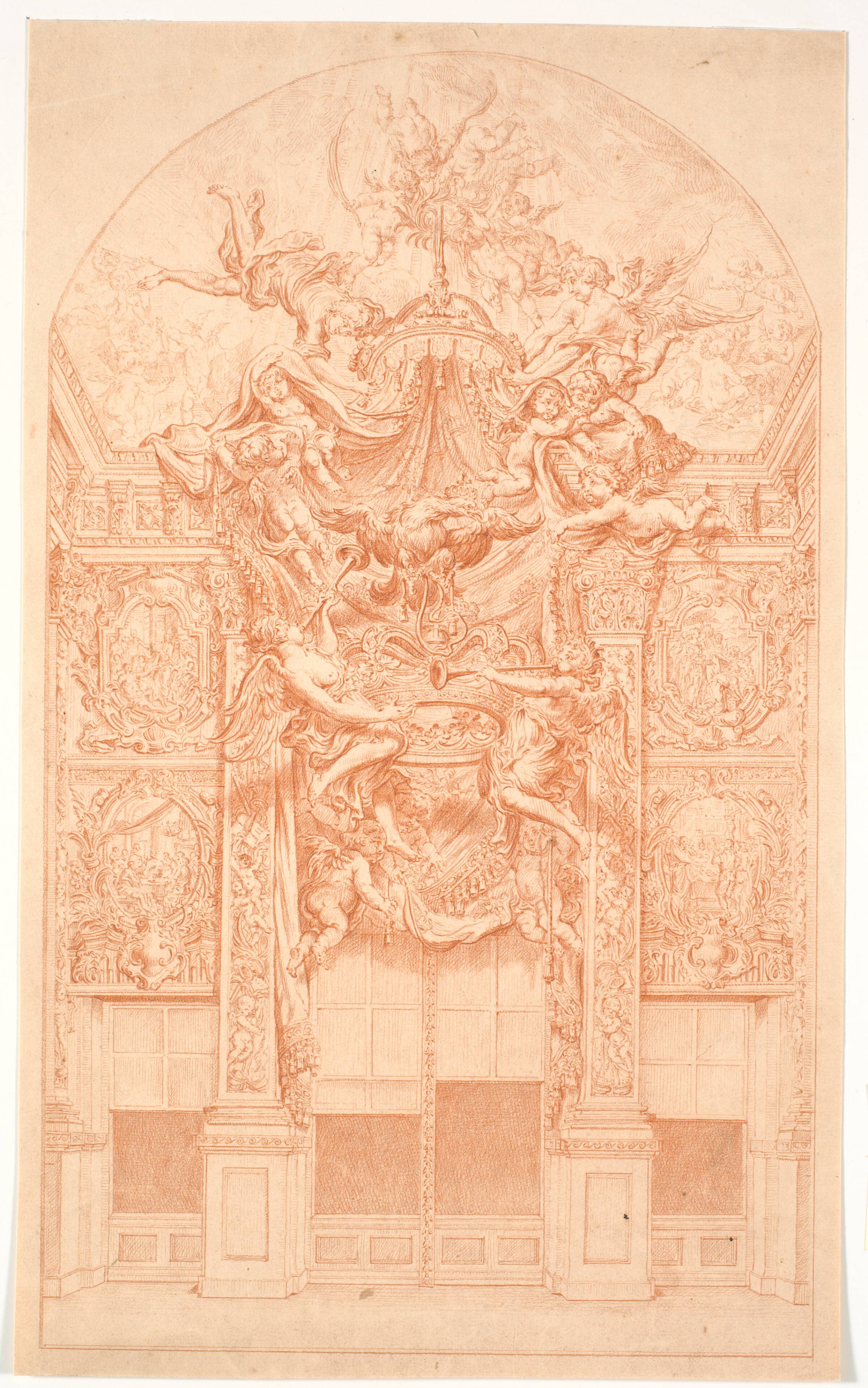 Dekorationsudkast med genier, der bærer en krone og en tronhimmel, Marcus Tuscher, 1720-1751