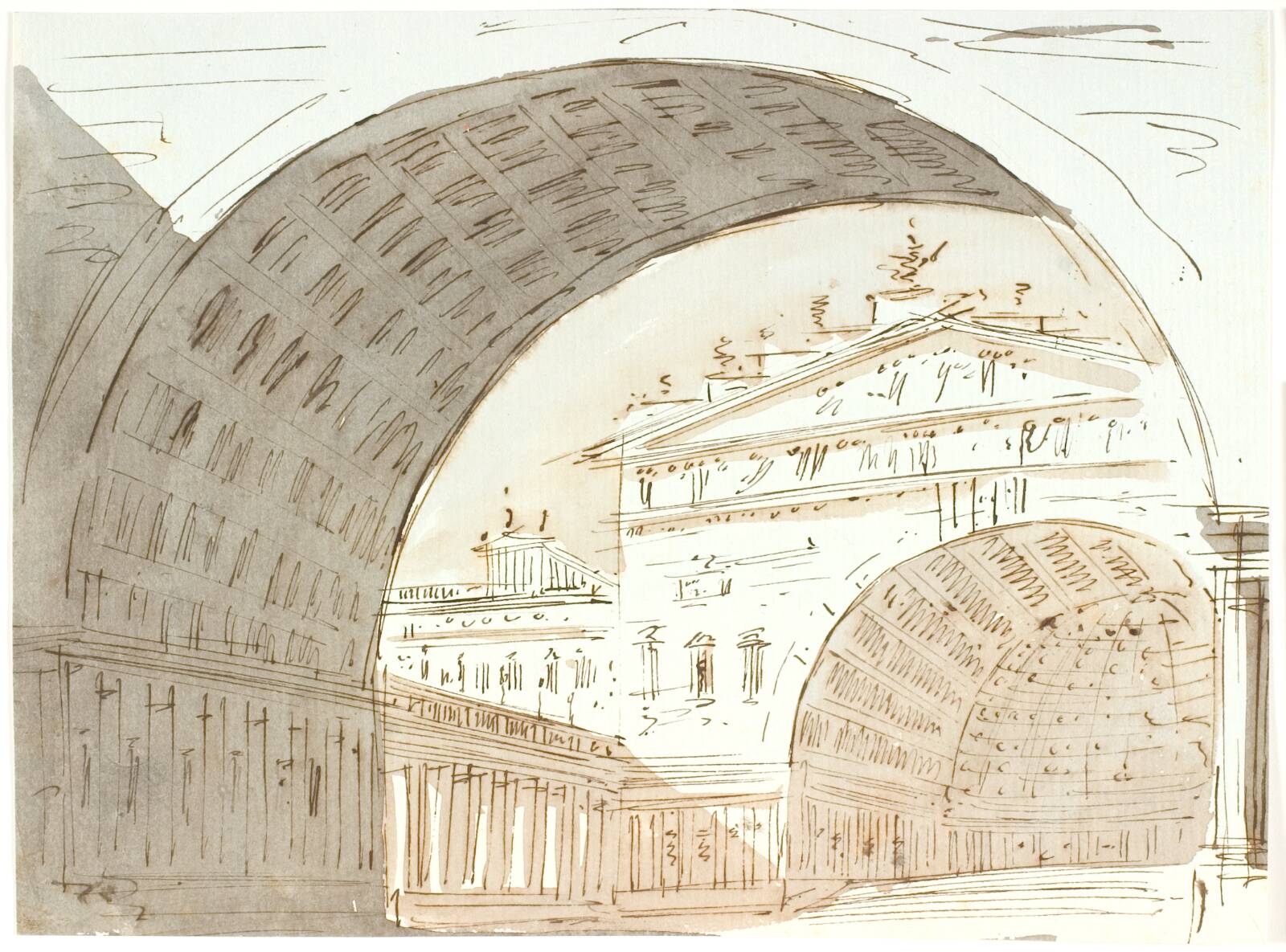 Udsigt gennem en bue mod bygninger, Aron Wallick, 1803-1809