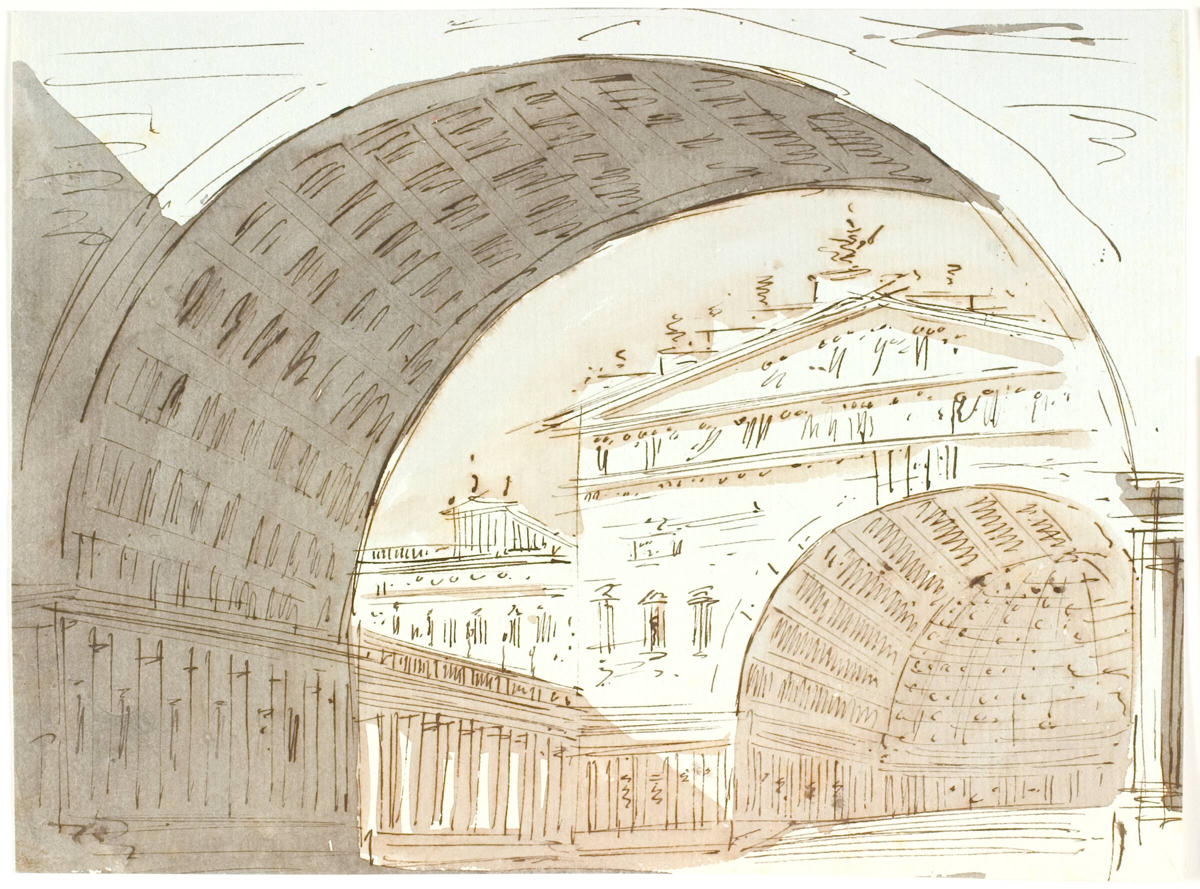 Udsigt gennem en bue mod bygninger, Aron Wallick, 1803-1809