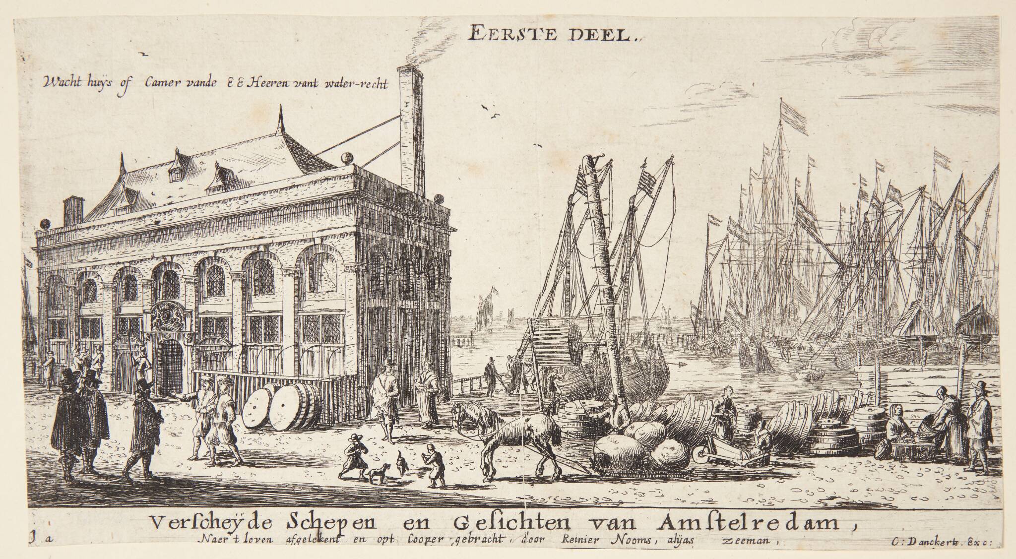 Amsterdams havn med vægterboden. Titelblad til "Forskellige skibe og udsigter fra Amsterdam"