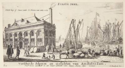 Amsterdams havn med vægterboden. Titelblad til "Forskellige skibe og udsigter fra Amsterdam"