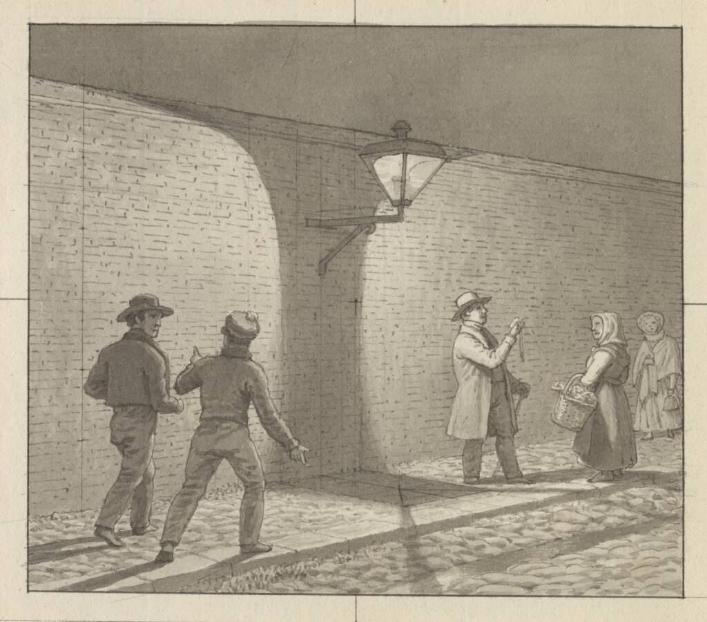 Linearperspectiven anvendt paa malerkunsten, Tavle VIII, fig. 1 - Natlig færden under gadelygten.