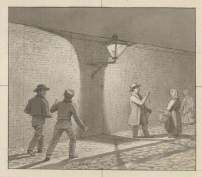 Linearperspectiven anvendt paa malerkunsten, Tavle VIII, fig. 1 - Natlig færden under gadelygten.