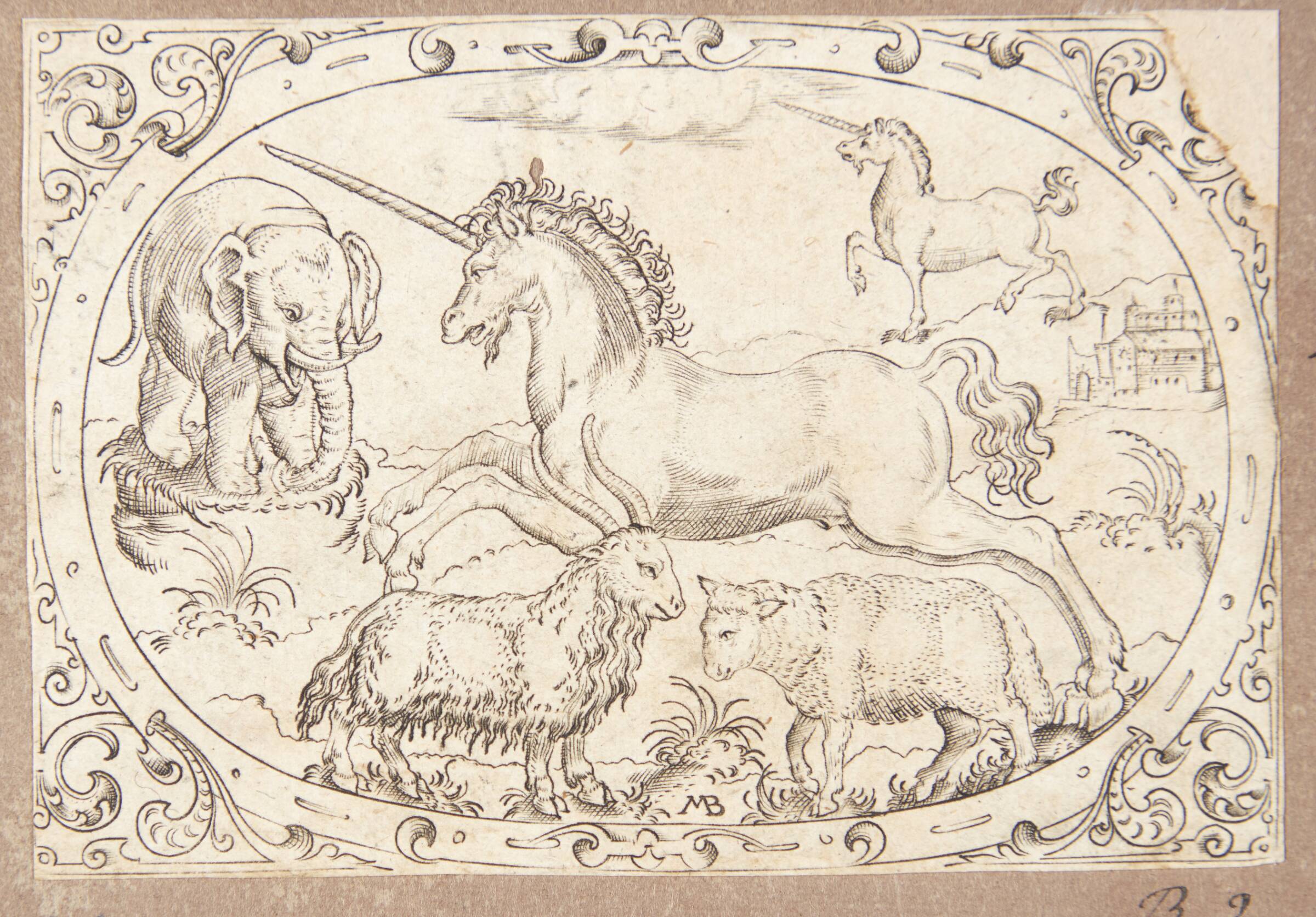 En buk og et lam foran en elefant og to enhjørninge, Mathias Beytler, 1581-1583