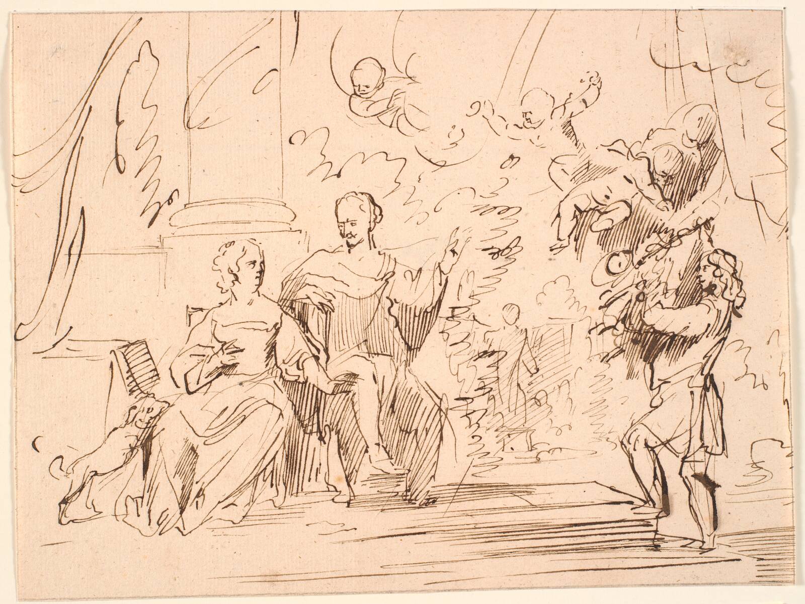 Herre og dame siddende på en terrasse; fra højre nærmer sig en mand og i luften svæver fire genier, by Jürgen Ovens, 1623-1678