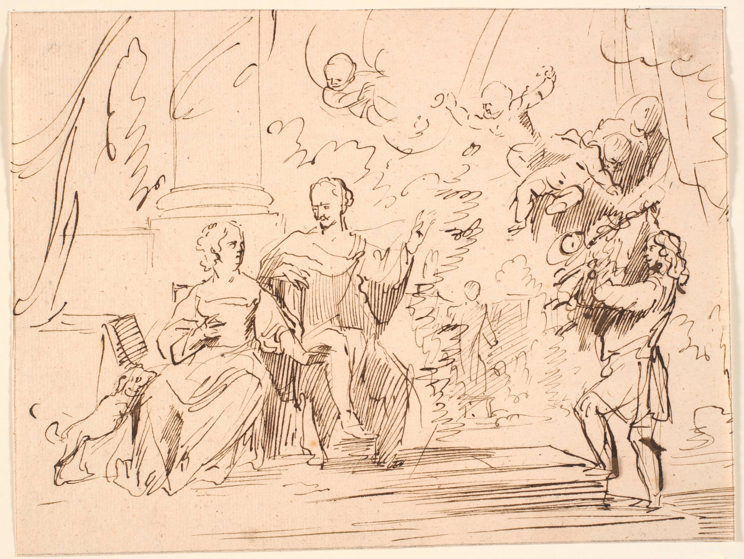 Herre og dame siddende på en terrasse; fra højre nærmer sig en mand og i luften svæver fire genier, Jürgen Ovens, 1623-1678