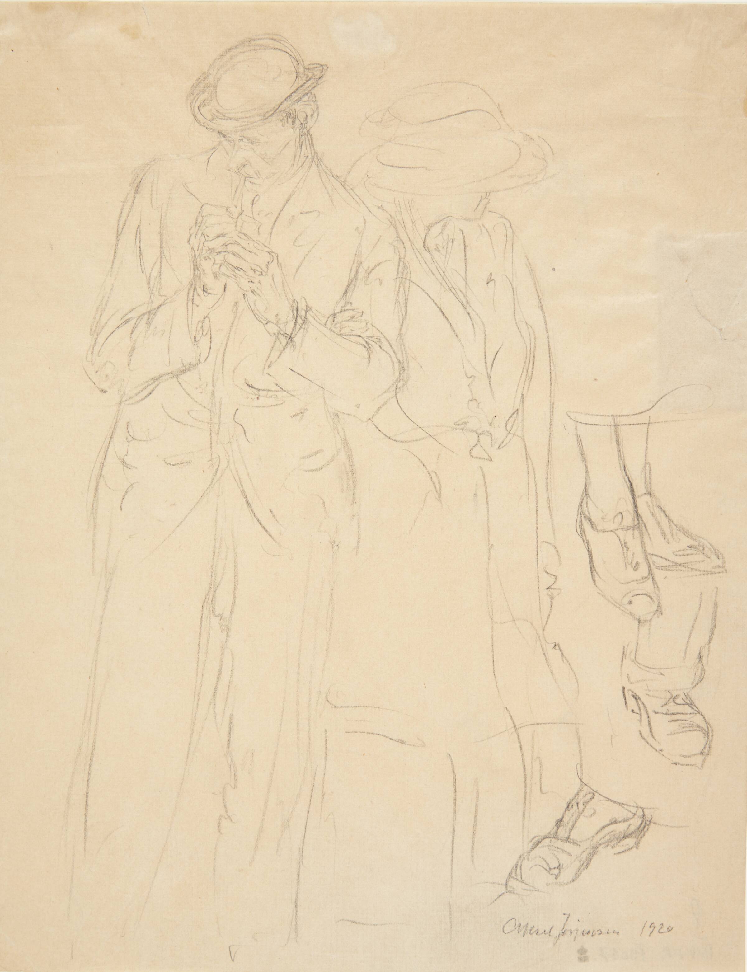 Studieblad af mand, der tænder en cigaret og en bagvedstående kvinde, der vender sig bort, samt studie af begge figurers fødder, Aksel Jørgensen, 1920