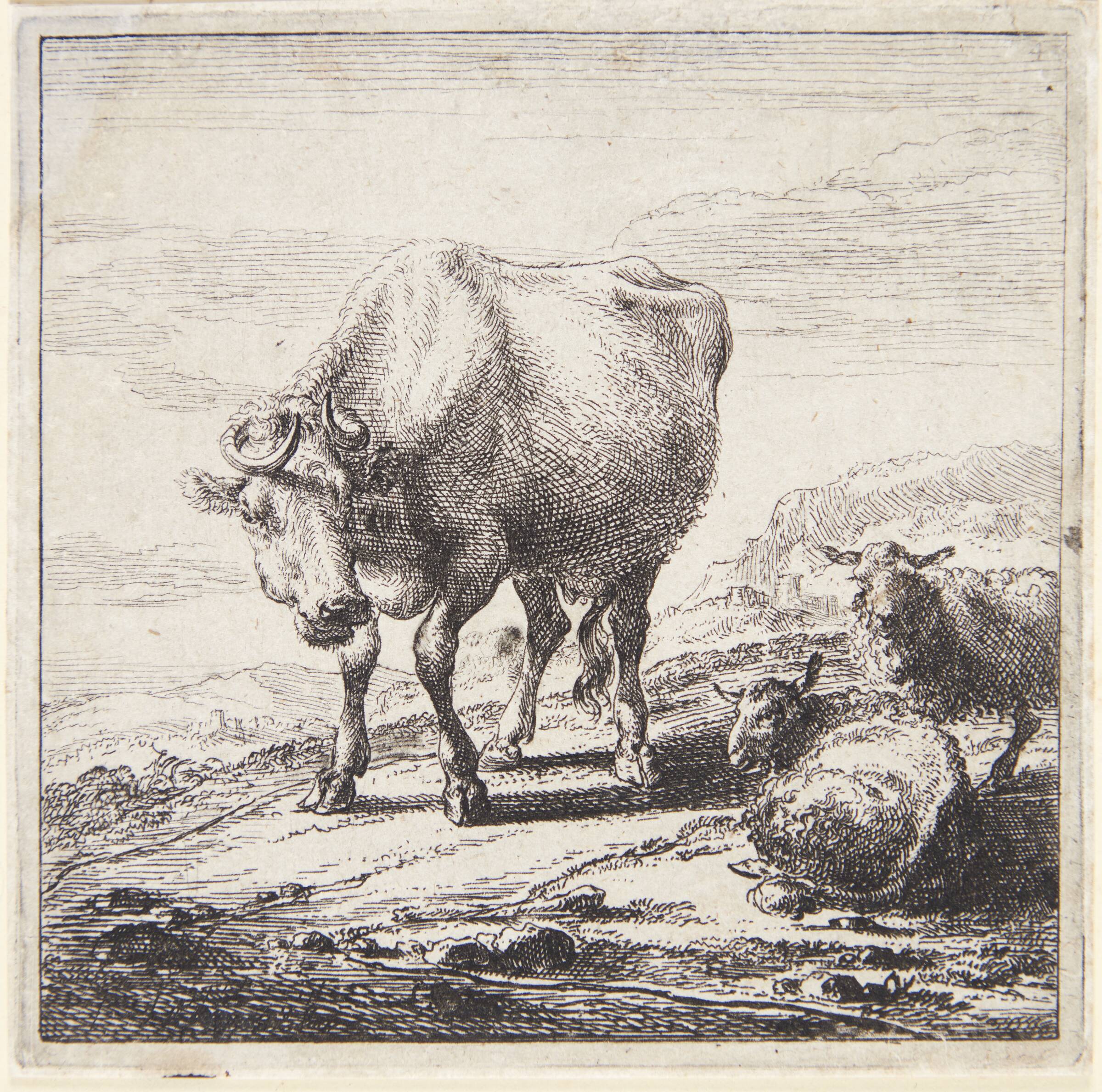 Stående ko og to liggende får, Nicolaes Berchem, 1644